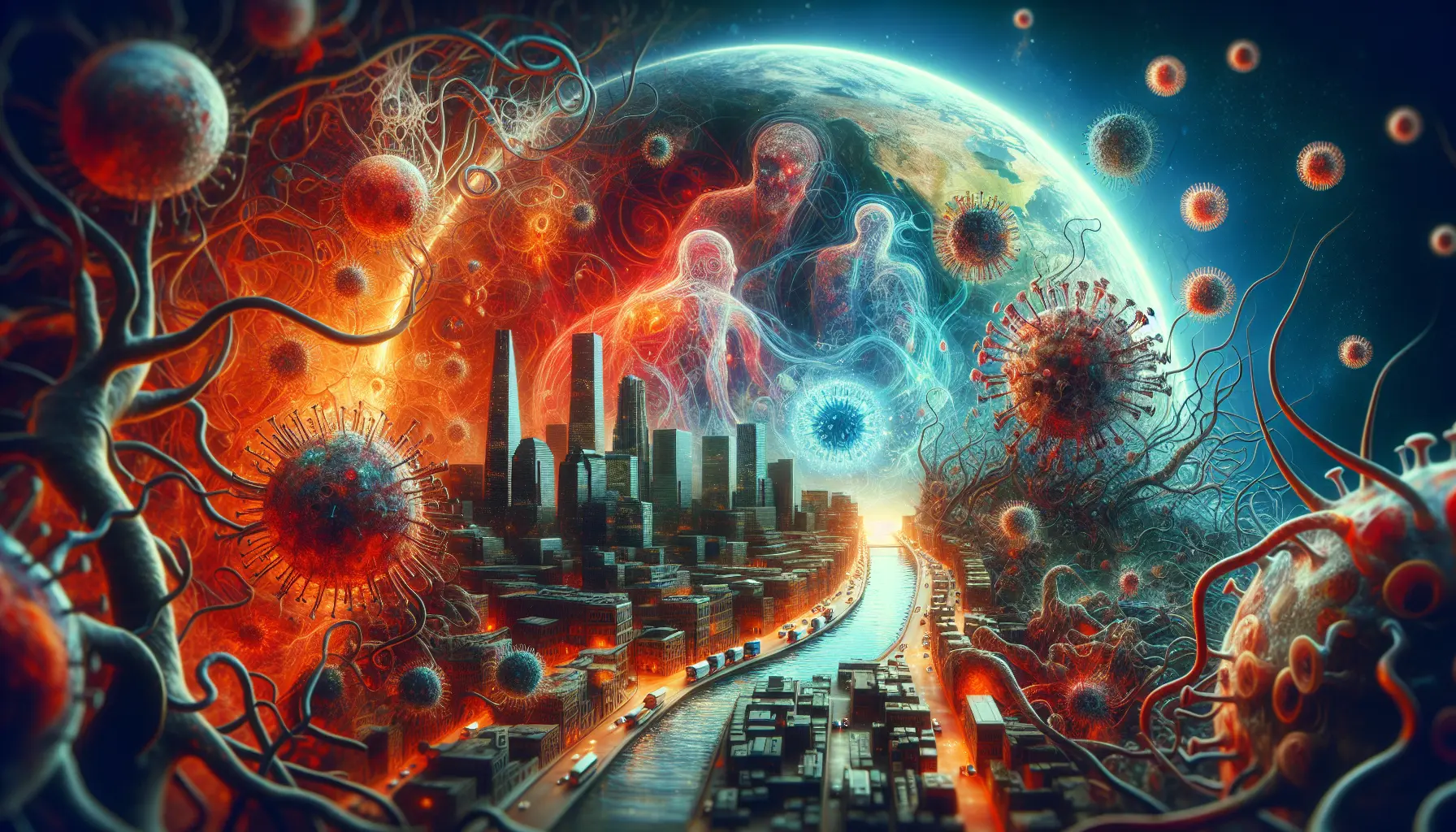 Rappresentazione grafica della febbre emorragica di Marburg, evidenziando i sintomi e le modalità di trasmissione.