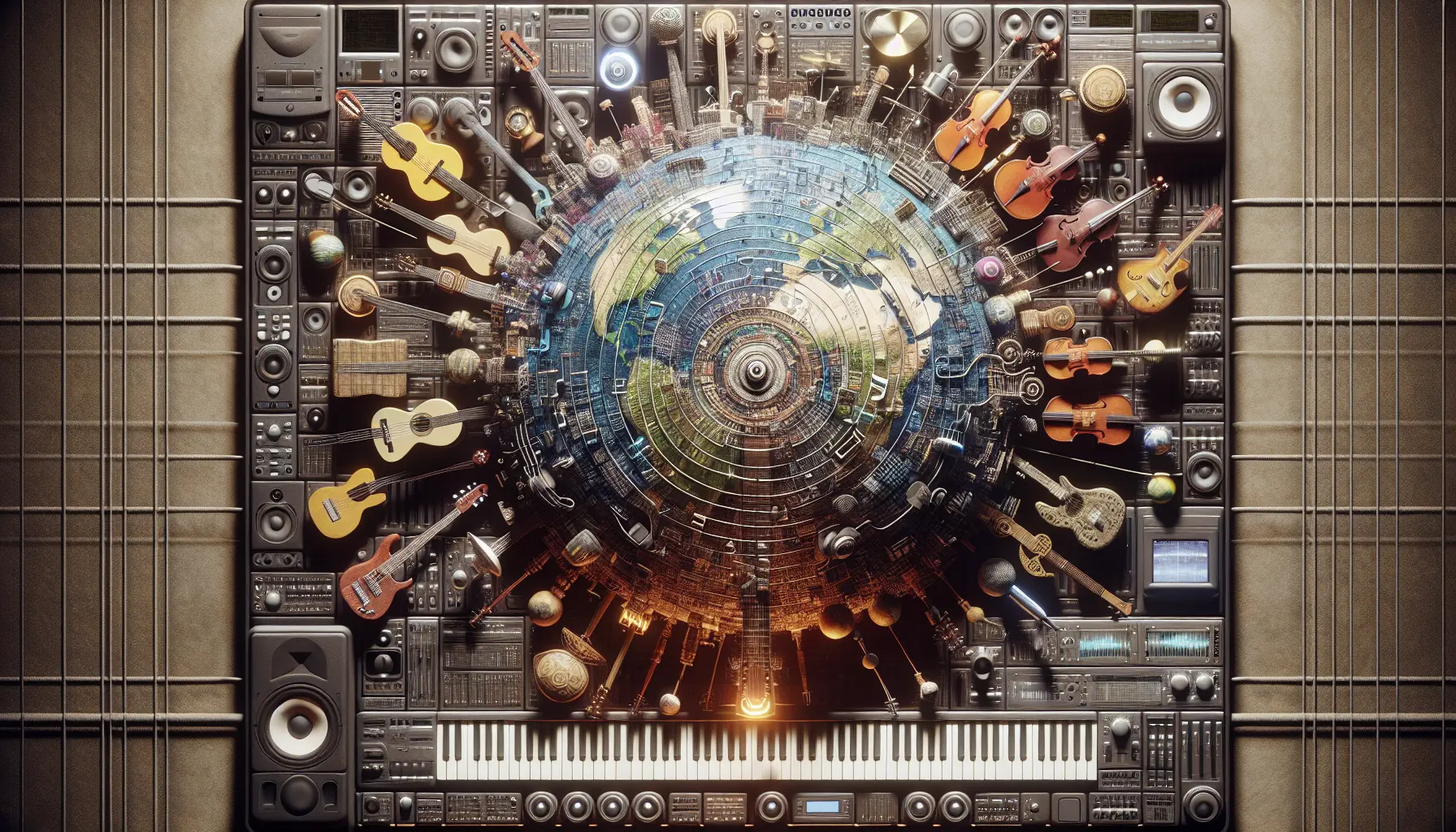 Un collage di artisti musicali di diverse culture che rappresentano la fusione musicale globale.