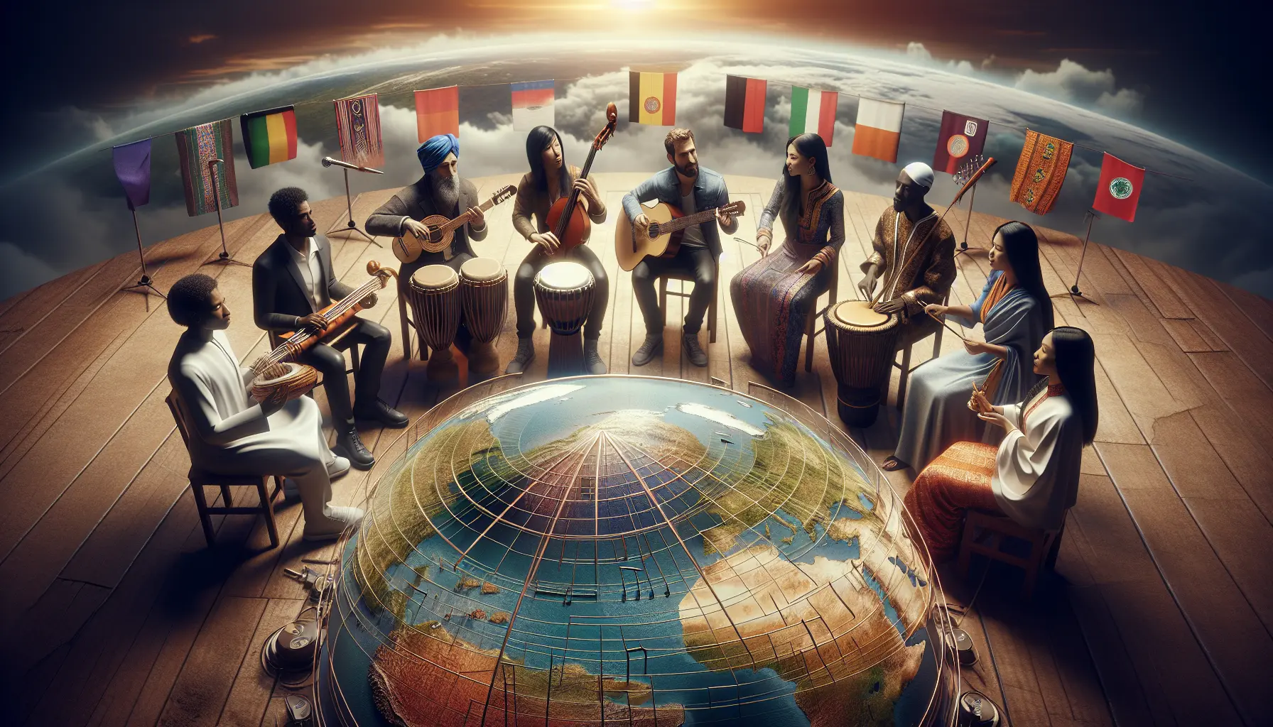 Un gruppo di musicisti di diverse culture che suonano insieme, simboleggiando l'unità attraverso la musica.