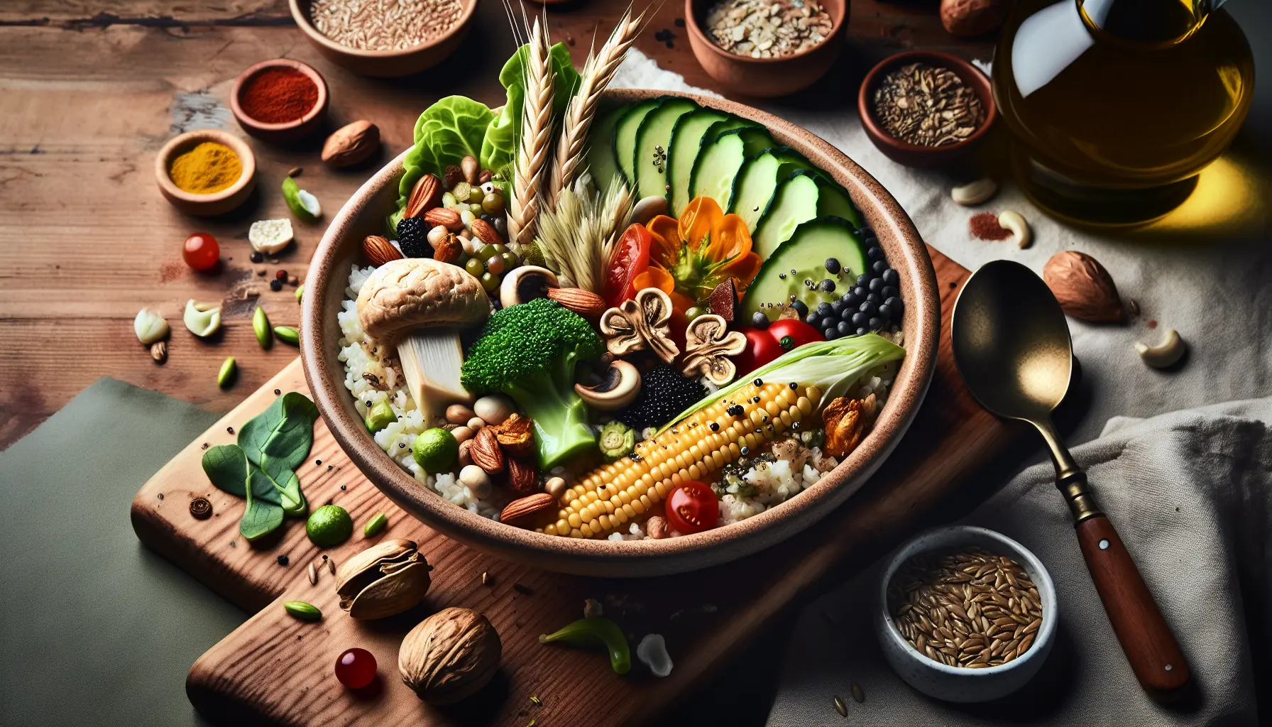 Un piatto di insalata di farro con verdure fresche e colorate, rappresentativo della cucina con grani antichi.