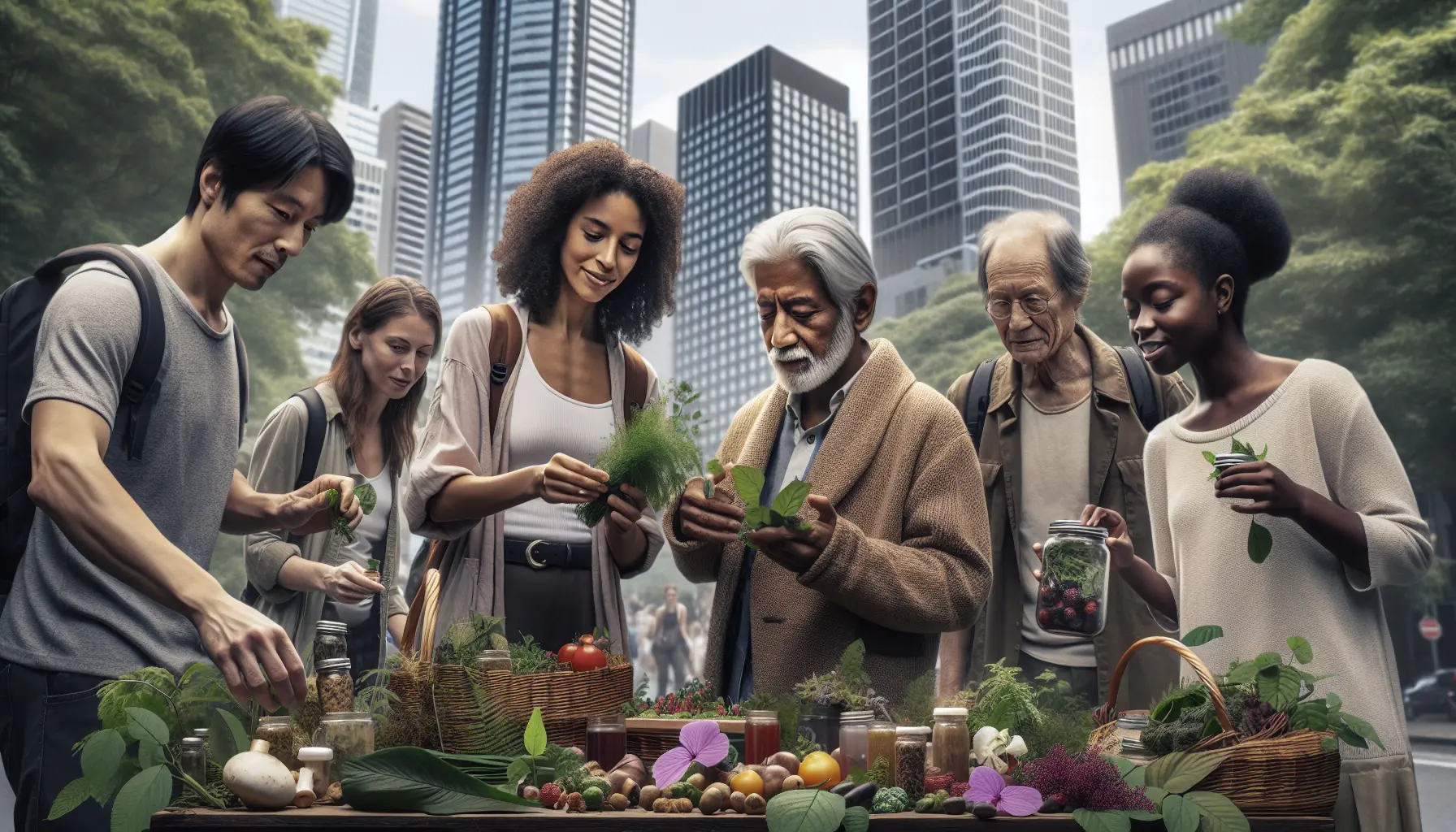 Un gruppo di persone che raccolgono ingredienti selvatici in un parco urbano, circondati da piante verdi e fiori.