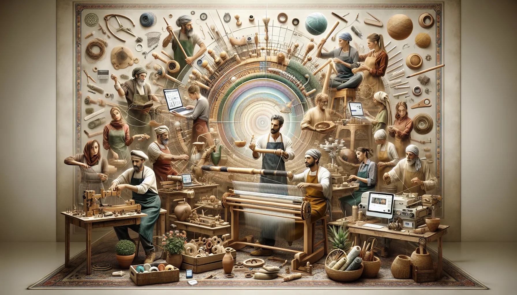 Un artigiano al lavoro, circondato da strumenti tradizionali e dispositivi digitali, simbolo della fusione tra tradizione e innovazione.