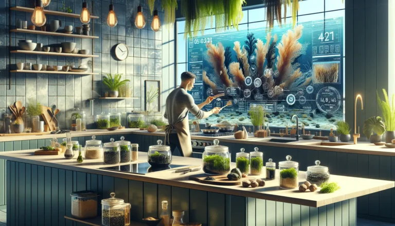 Un piatto di insalata di alghe con verdure fresche e semi di sesamo, rappresentante la rinascita delle alghe in cucina.