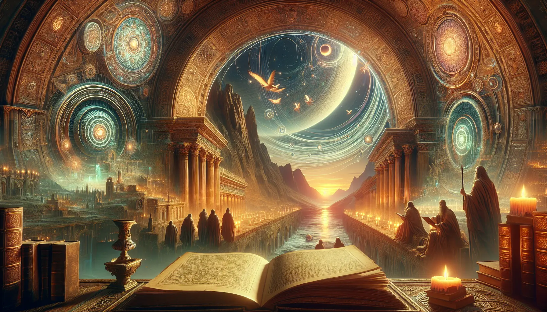 Un libro aperto con illustrazioni di miti e leggende, circondato da oggetti tradizionali.