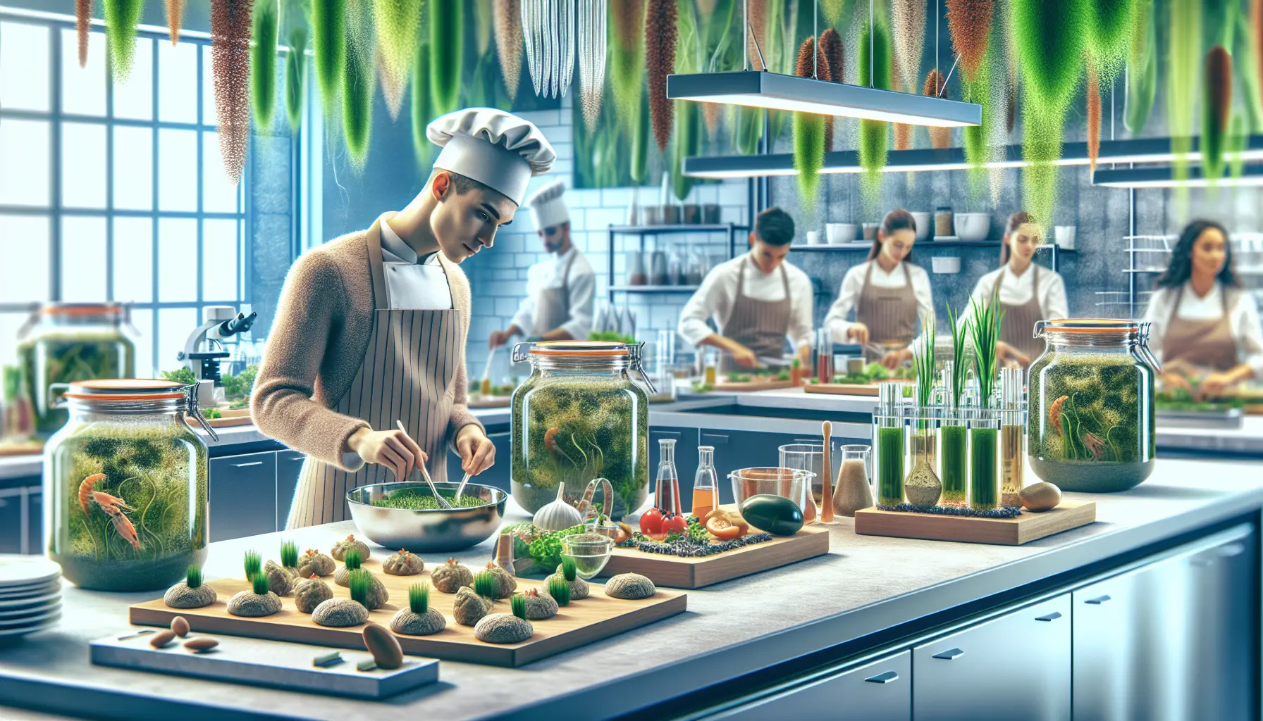 Un piatto colorato di insalata di alghe con verdure fresche e semi di sesamo, servito su una tavola rustica.