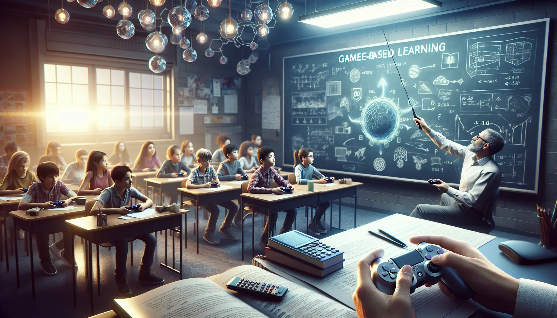 Un gruppo di studenti che gioca a un videogioco educativo in aula, immersi in un ambiente di apprendimento coinvolgente.