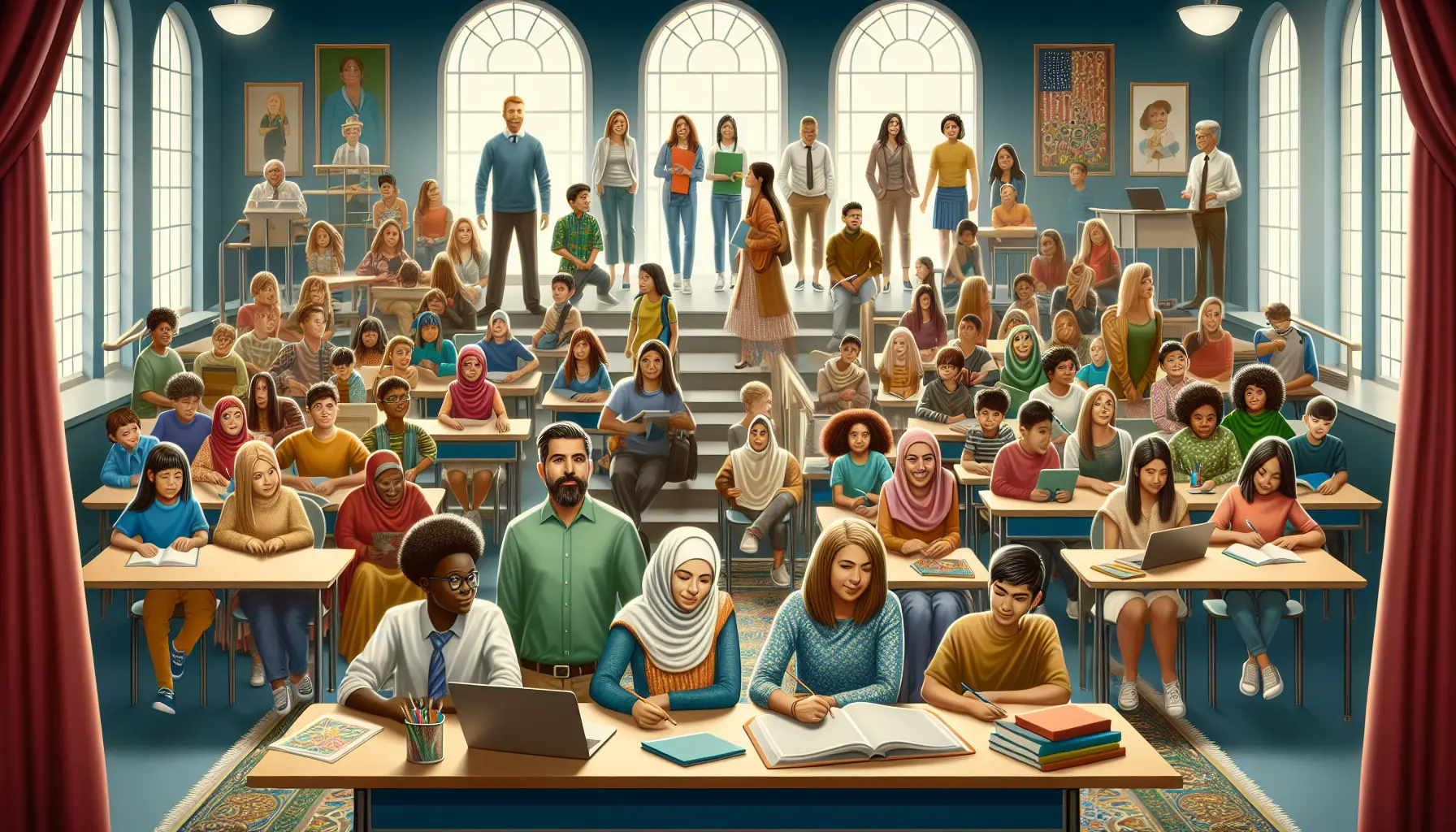 Studenti di diverse abilità che collaborano in un'aula inclusiva