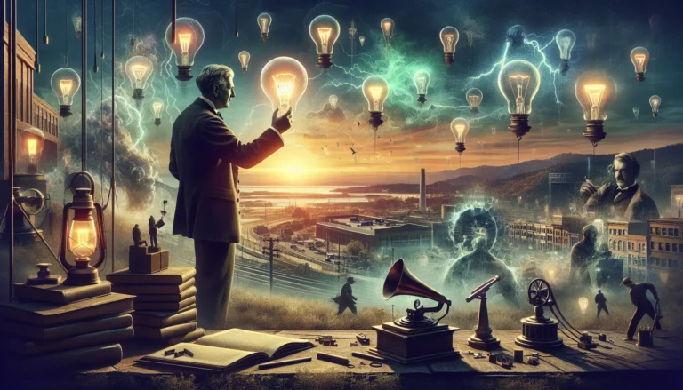 Ritratto di Thomas Edison con una lampadina elettrica