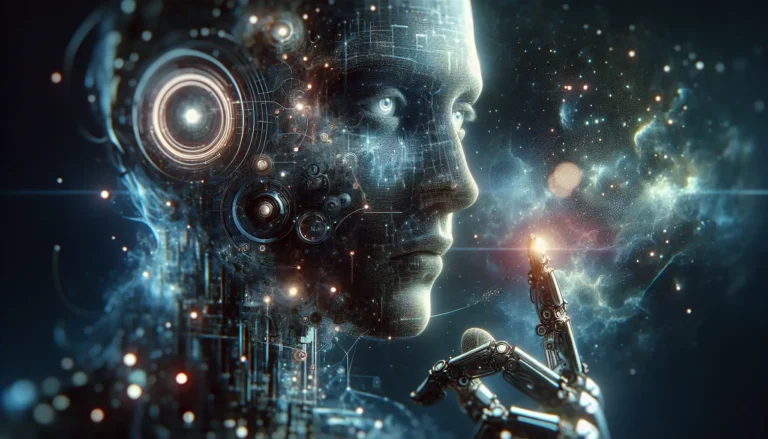 Un robot umanoide interagisce con un bambino in un ambiente educativo, simboleggiando il futuro della tecnologia e dell'umanità.