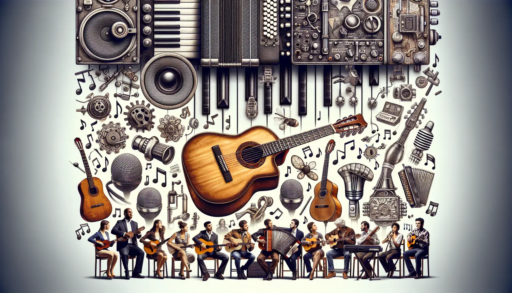 Un gruppo di musicisti folk che suonano strumenti tradizionali in un ambiente naturale, evocando la bellezza della musica folk e delle sue radici culturali.