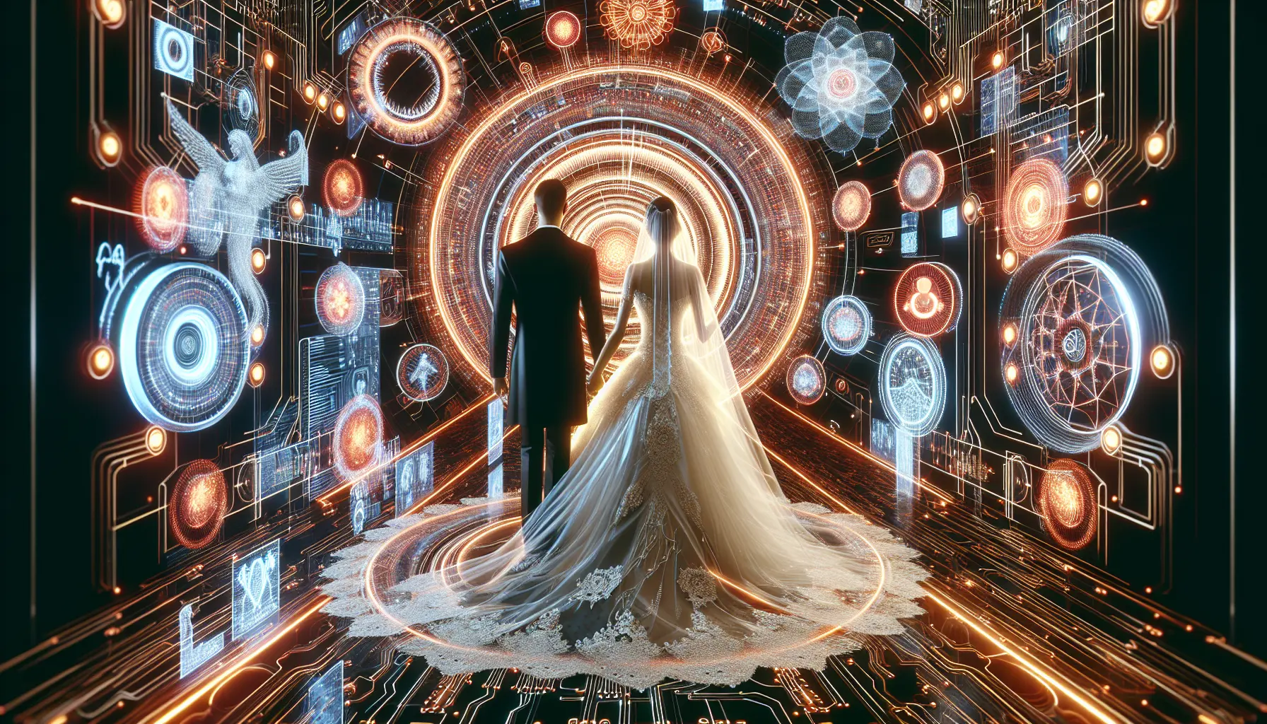 Una coppia felice che celebra il loro matrimonio in una location unica con decorazioni personalizzate.
