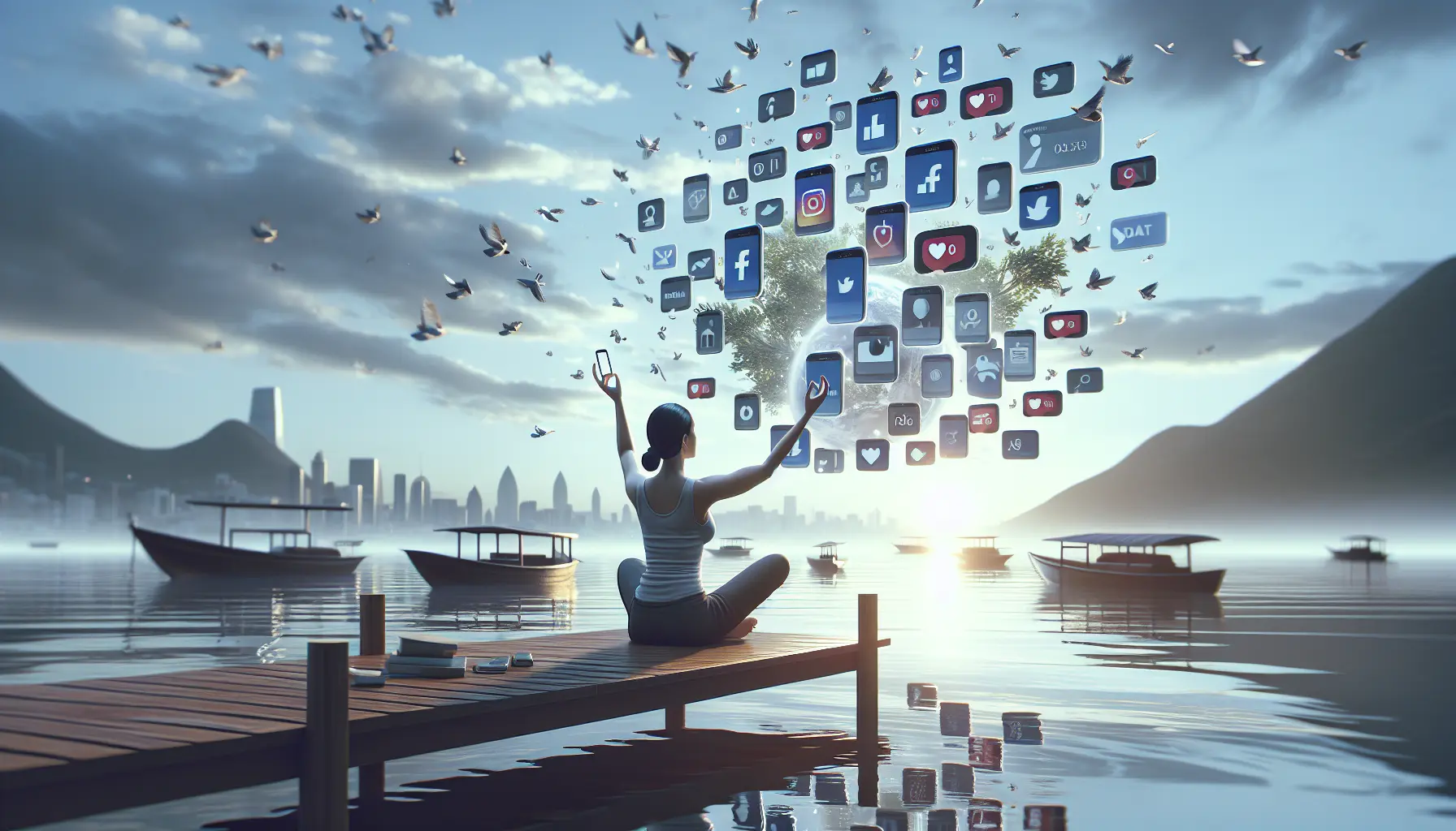 Una persona che usa il telefono mentre osserva social media, con espressione pensierosa e riflessiva.