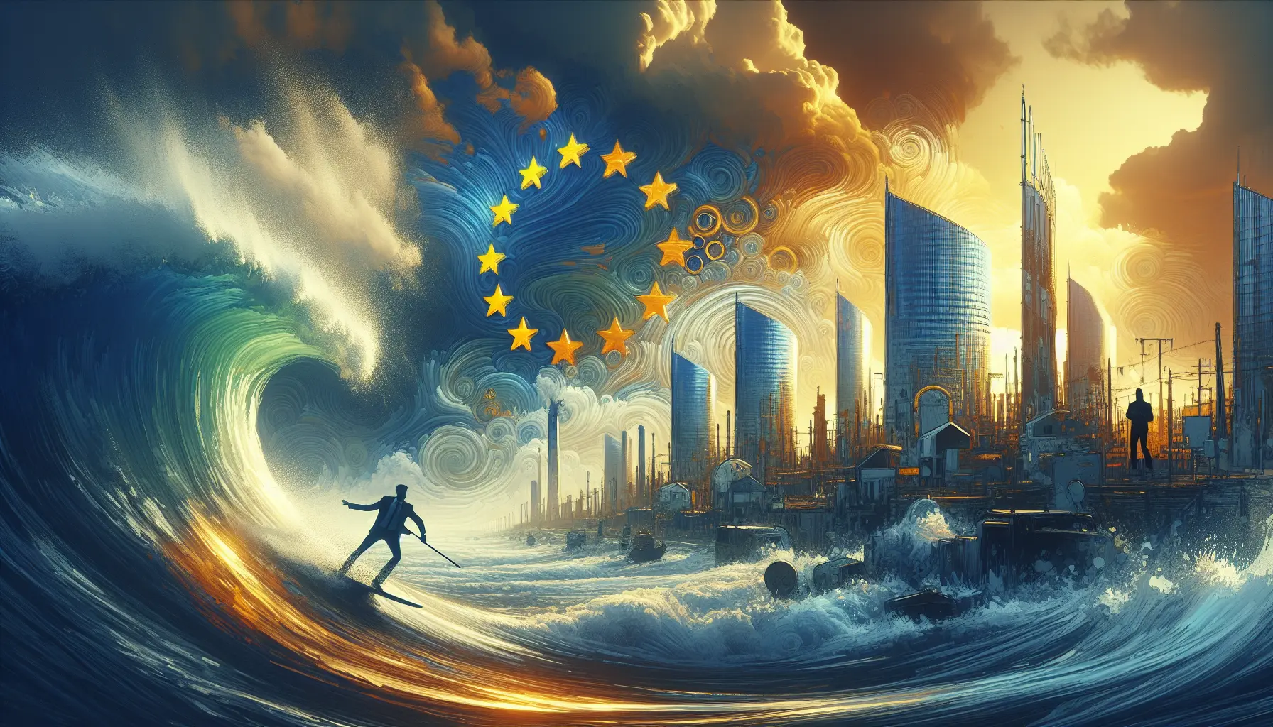 Emmanuel Macron mentre parla in un incontro ufficiale, circondato da bandiere europee.