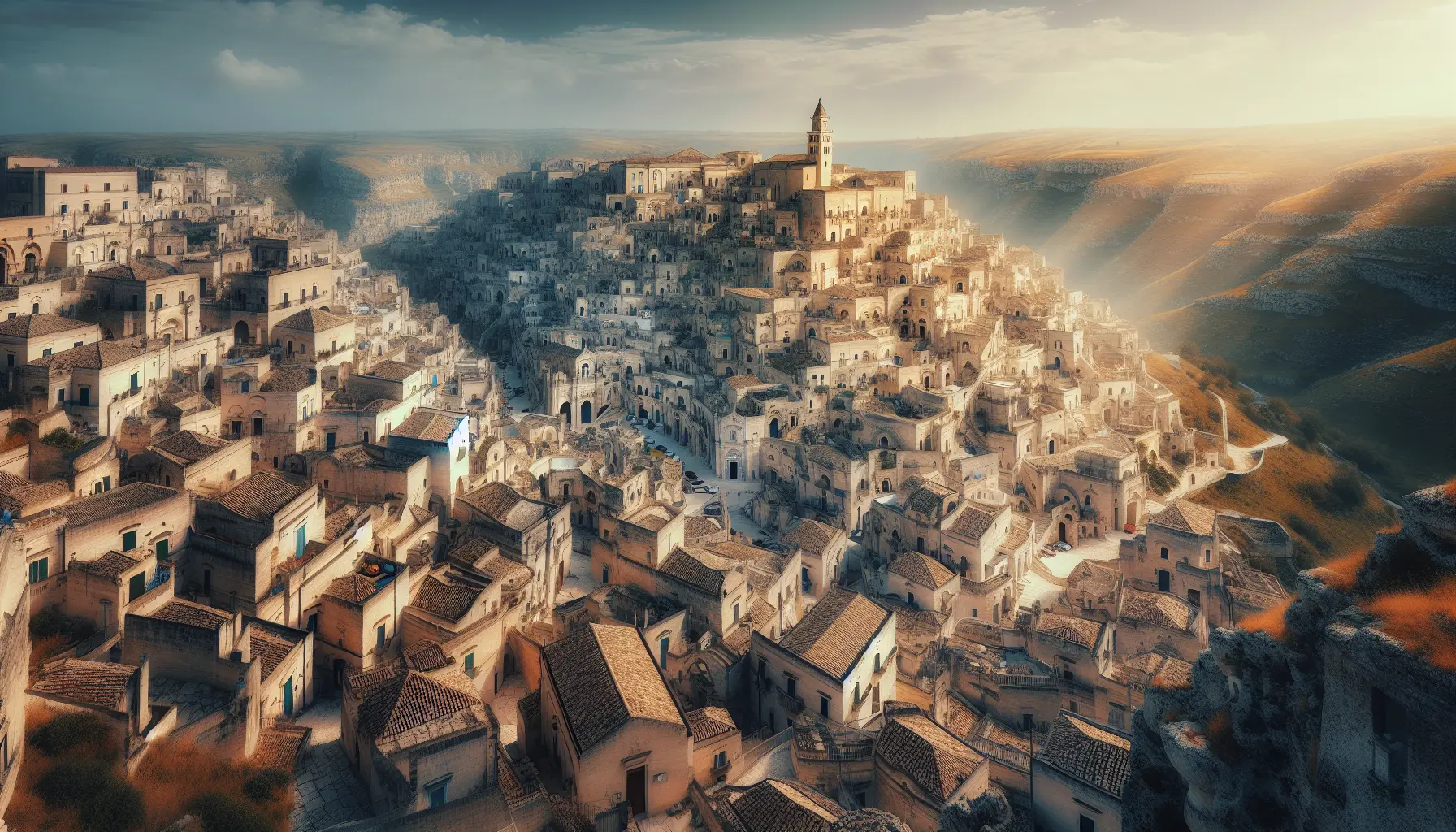 Panorama dei Sassi di Matera al tramonto, con le abitazioni storiche illuminate dalla luce dorata.