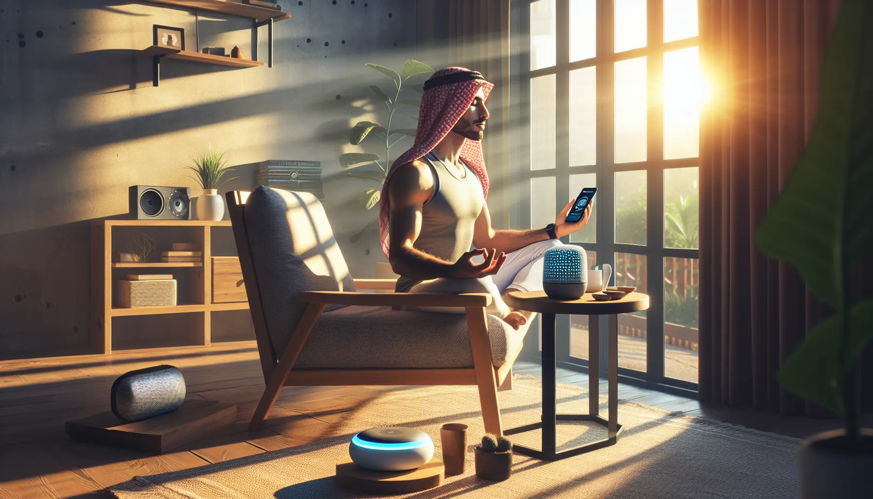 Un atleta che medita utilizzando un'app di mindfulness, circondato da elementi naturali.