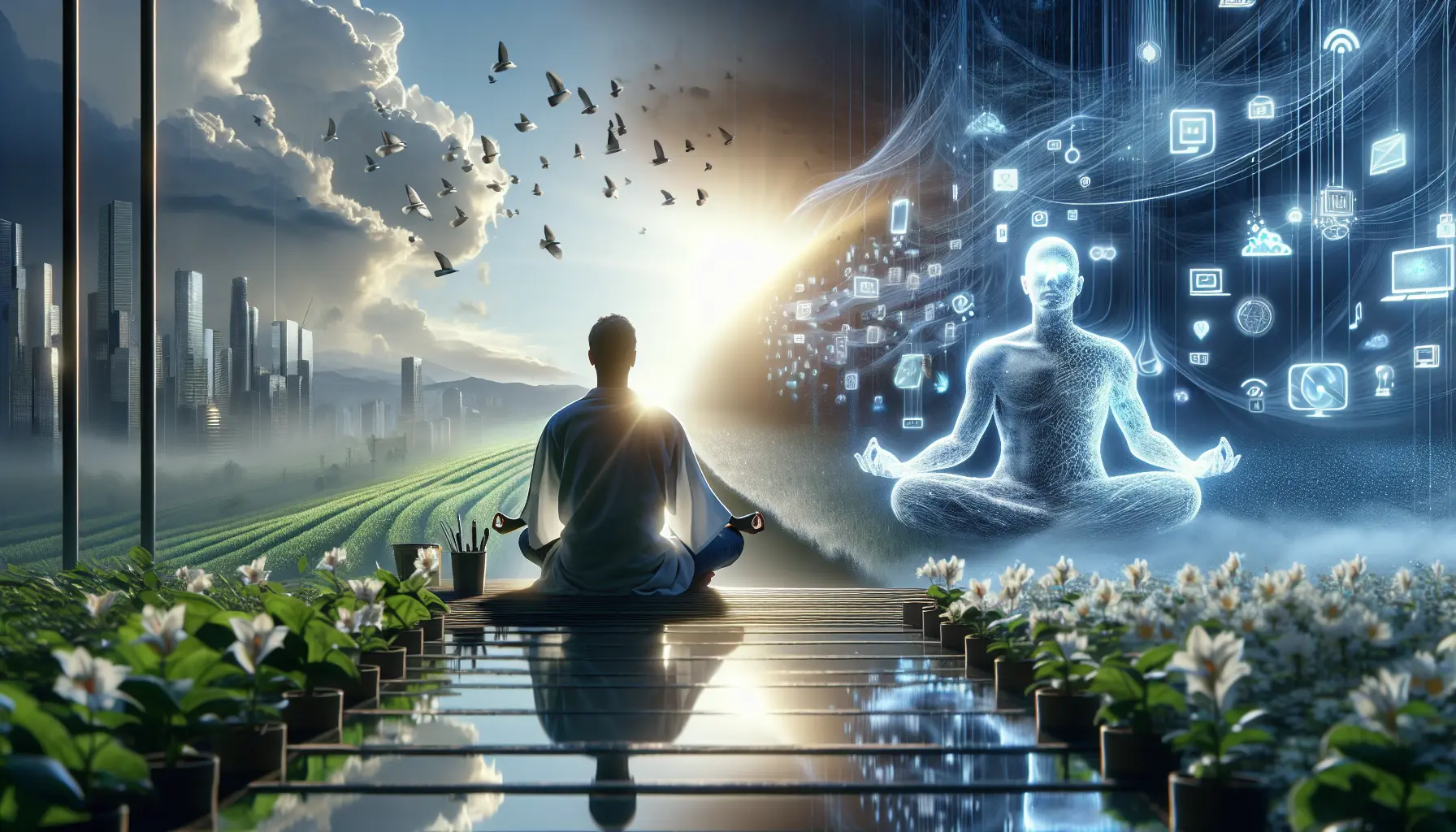 Un uomo che medita in un ambiente naturale, circondato da elementi di semplicità e tranquillità.
