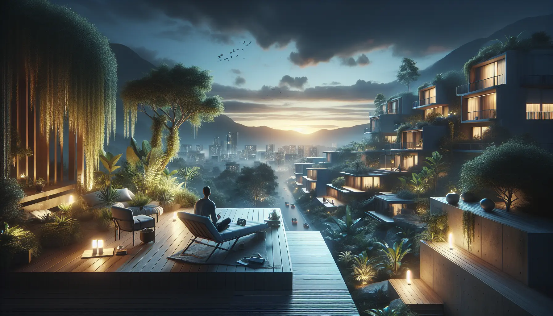 Un paesaggio tranquillo con una persona che contempla la natura, lontano dalla tecnologia.