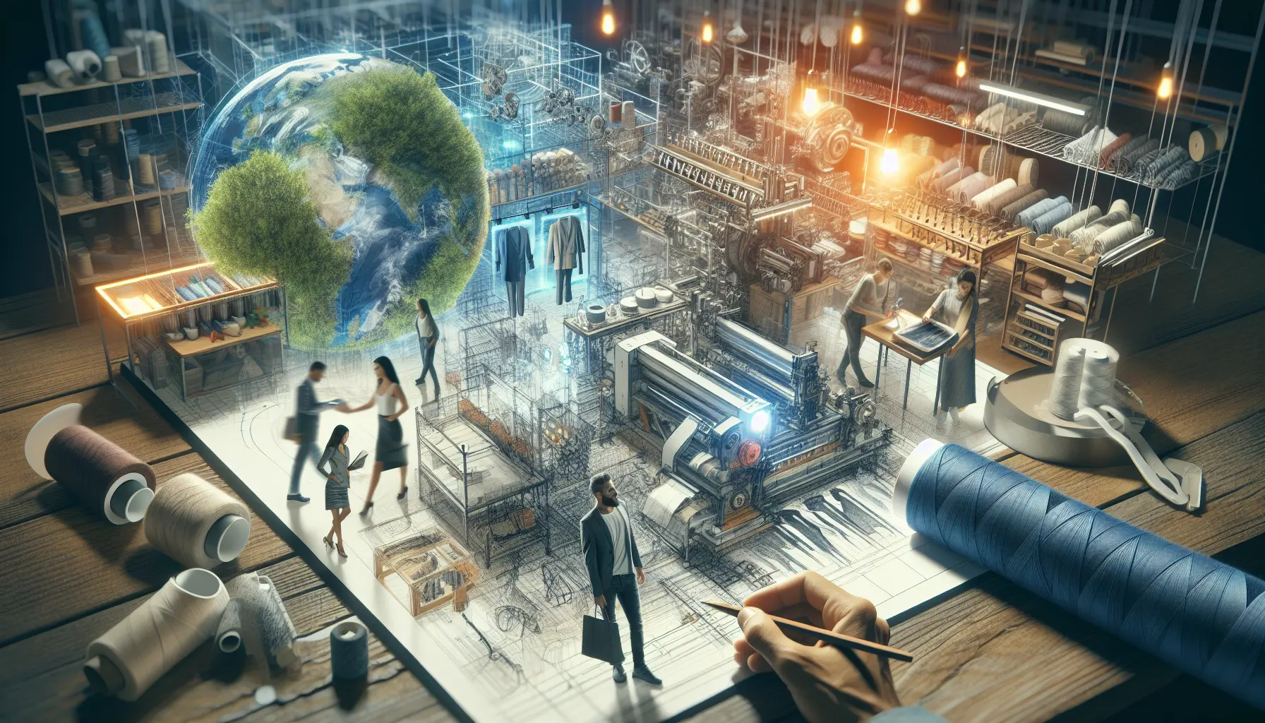 Un abito realizzato con materiali sostenibili, circondato da elementi naturali che simboleggiano la connessione tra moda e ambiente.
