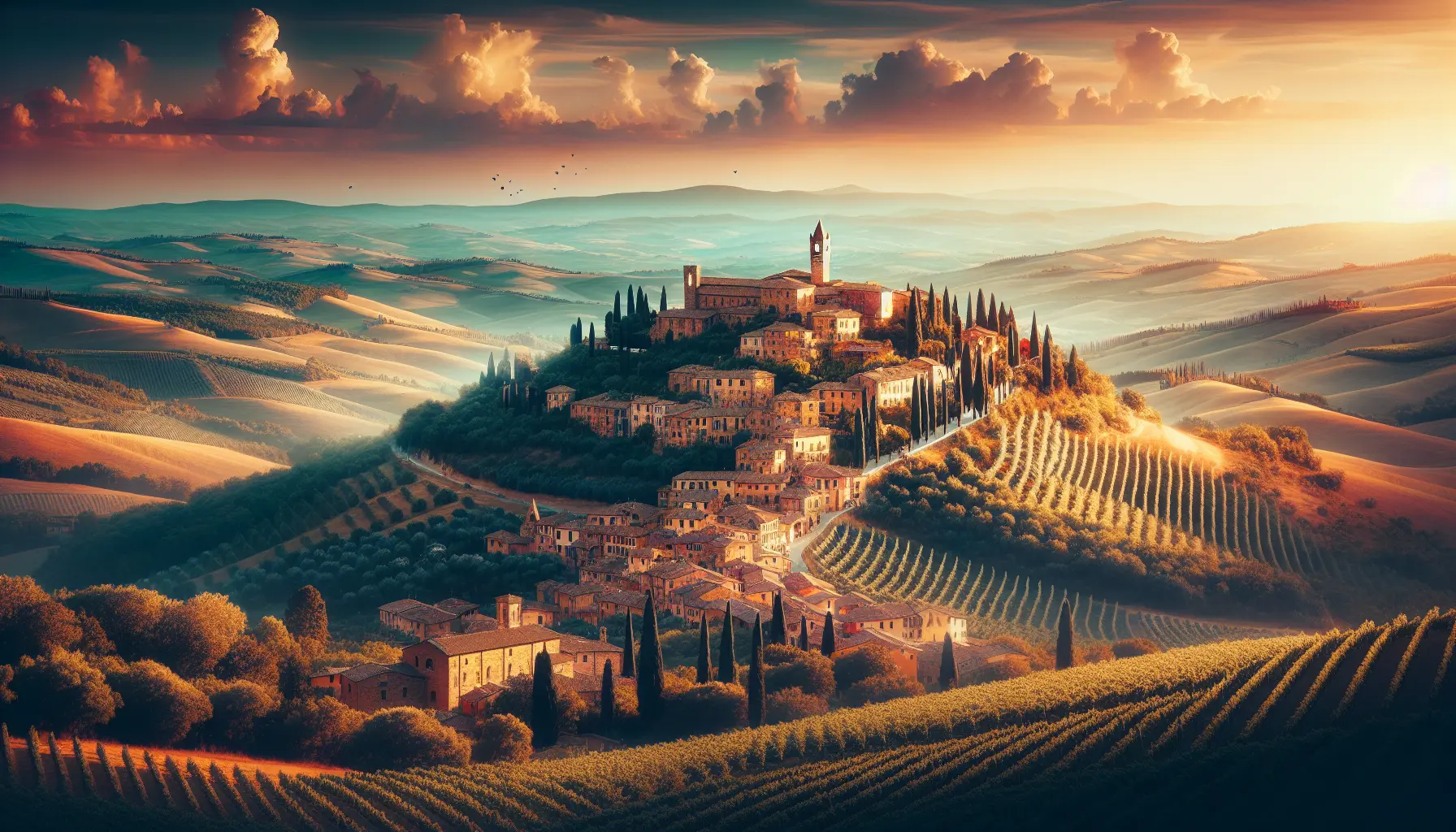 Paesaggio collinare di Montalcino con vigneti e cielo blu