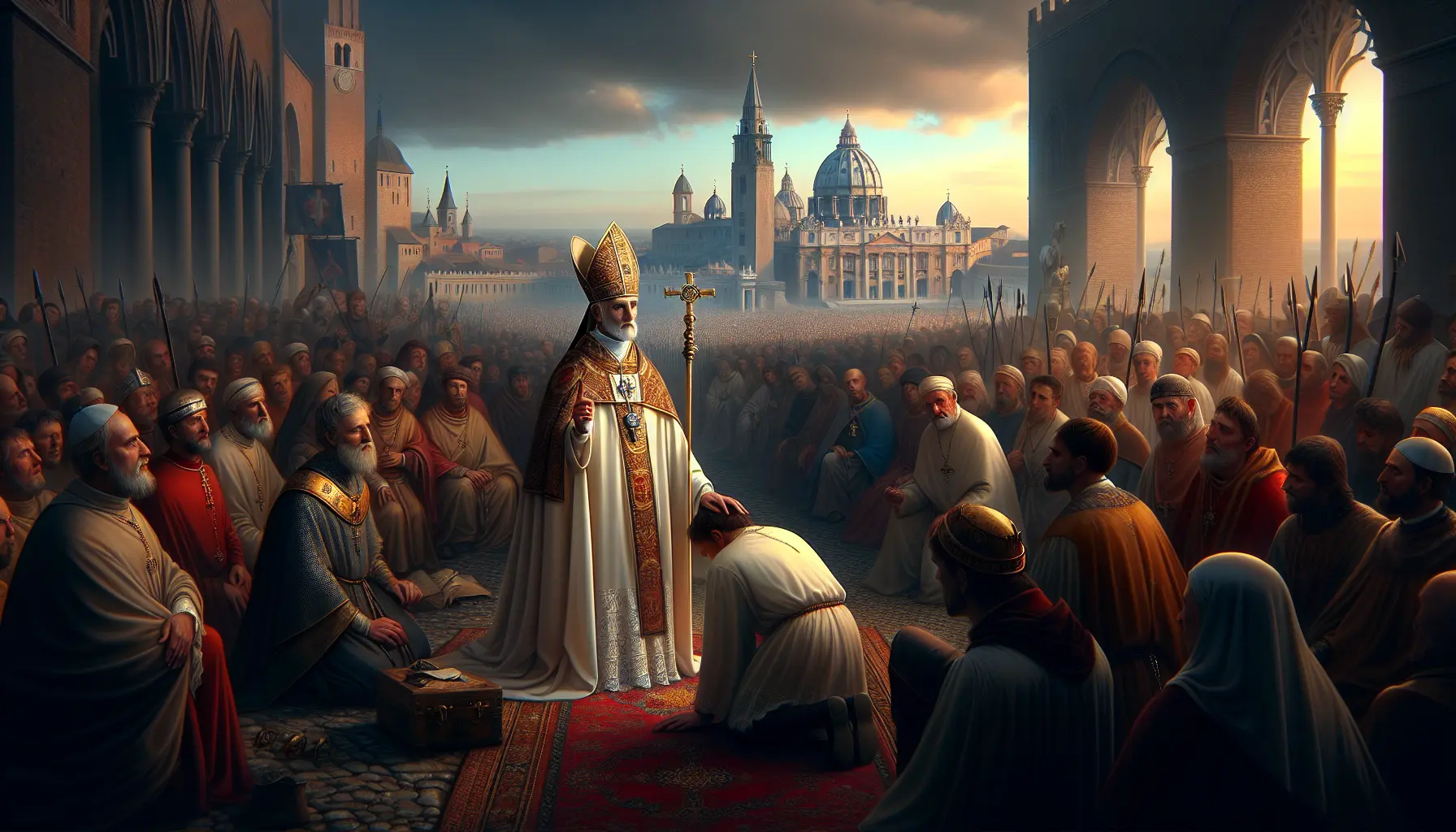 Rappresentazione storica di Papa Urbano II durante la convocazione della Prima Crociata, affollato da nobili e cavalieri.