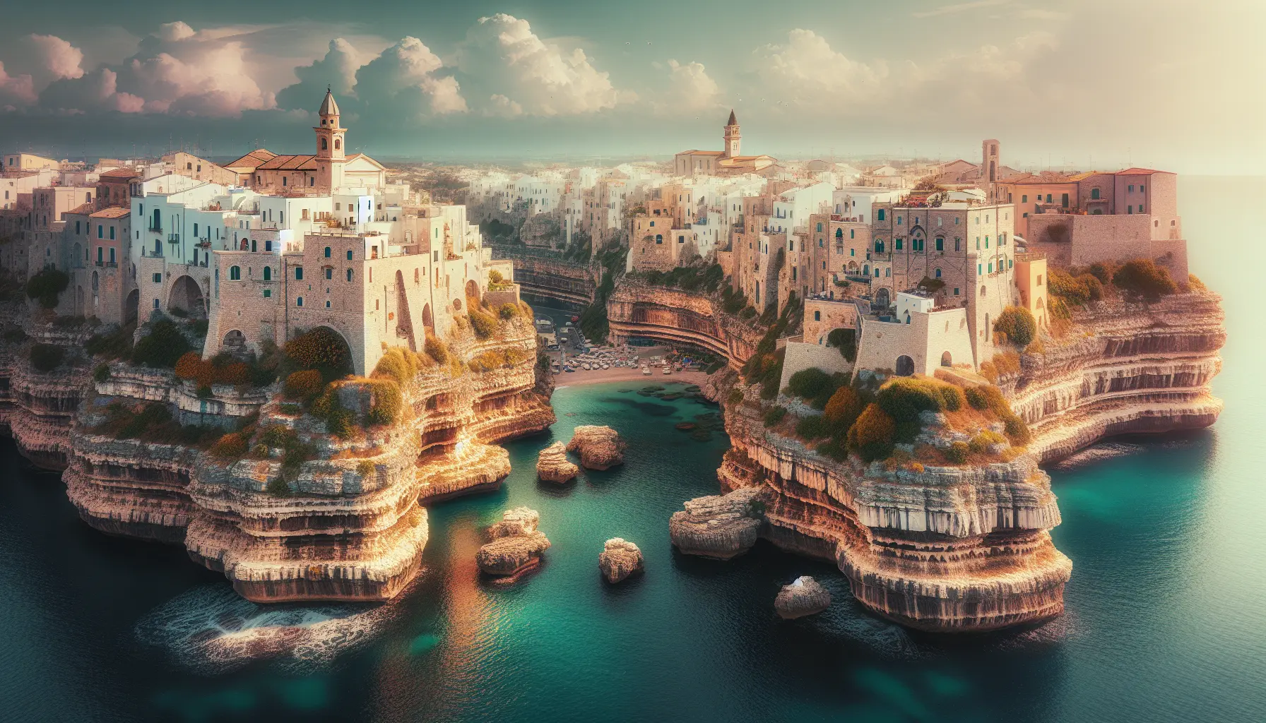 Vista panoramica di Polignano a Mare con scogliere e mare blu
