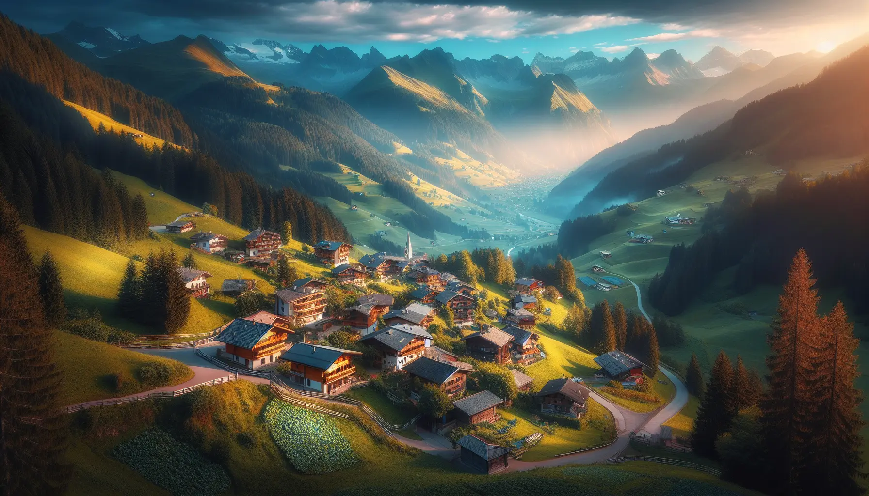 Panorama di Ponte di Legno con le Alpi sullo sfondo e un cielo blu