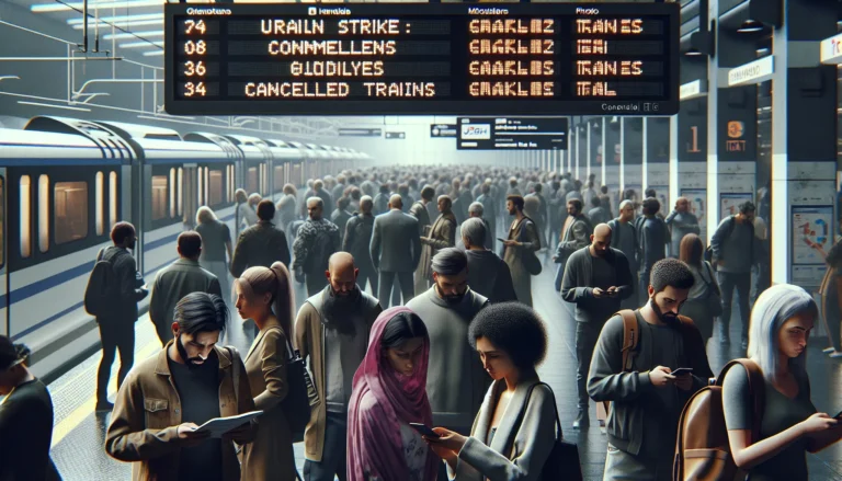 Un treno in stazione, con passeggeri in attesa e un'atmosfera di attesa e incertezza.
