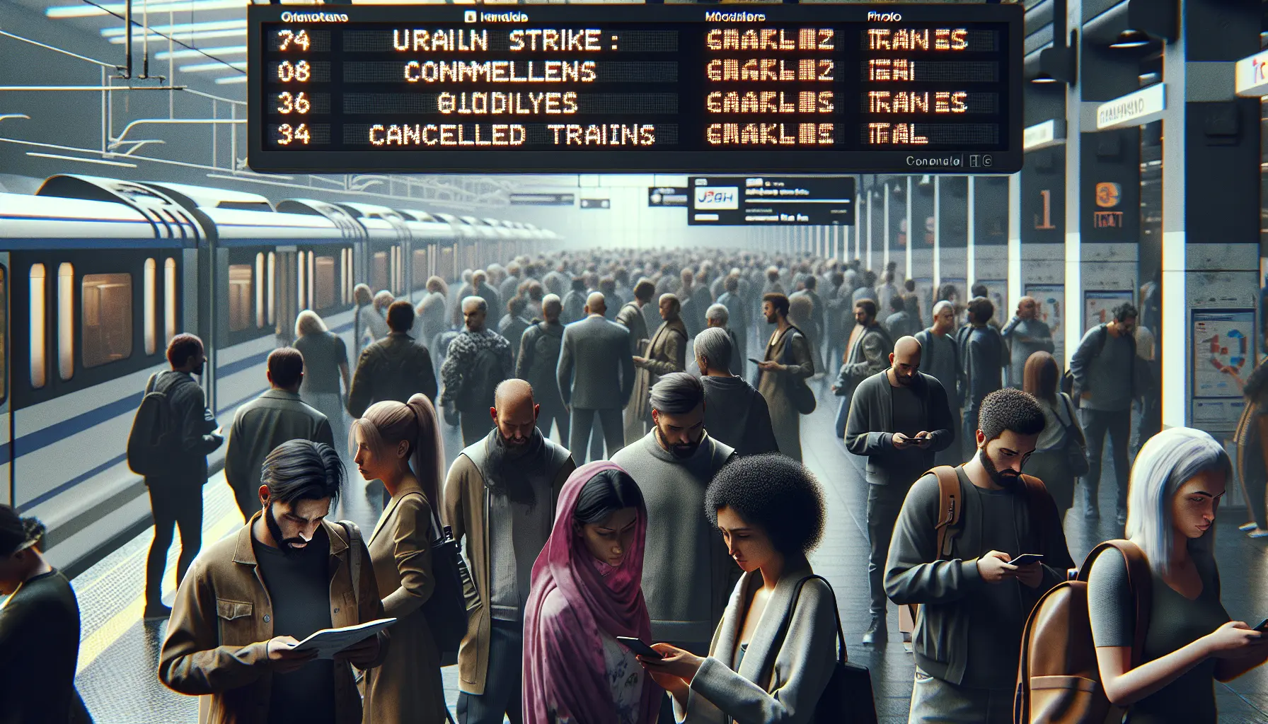 Un treno in stazione, con passeggeri in attesa e un'atmosfera di attesa e incertezza.