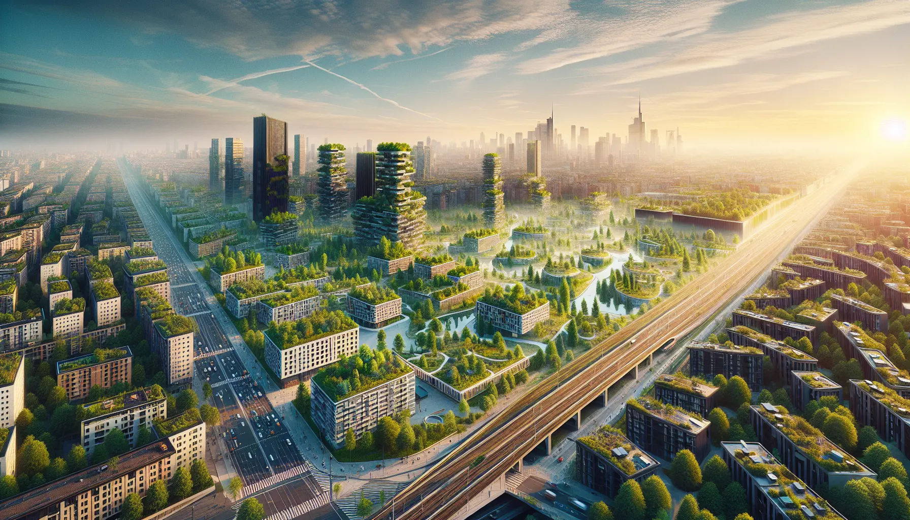 Un parco urbano rigoglioso con alberi e piante, simbolo della riforestazione nelle città.