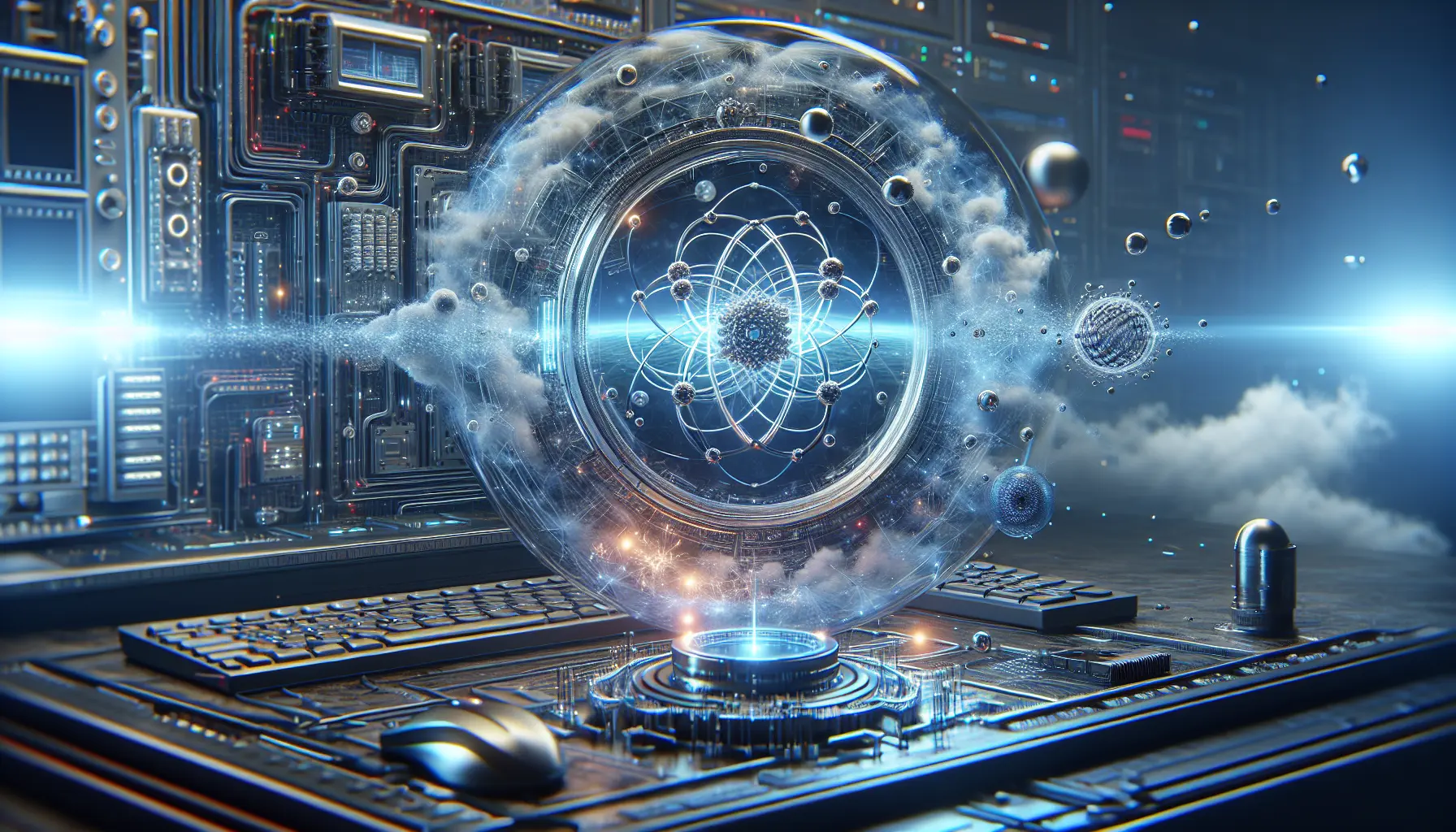 Un'immagine che rappresenta il quantum computing e la sicurezza online, con simboli di dati e tecnologia.