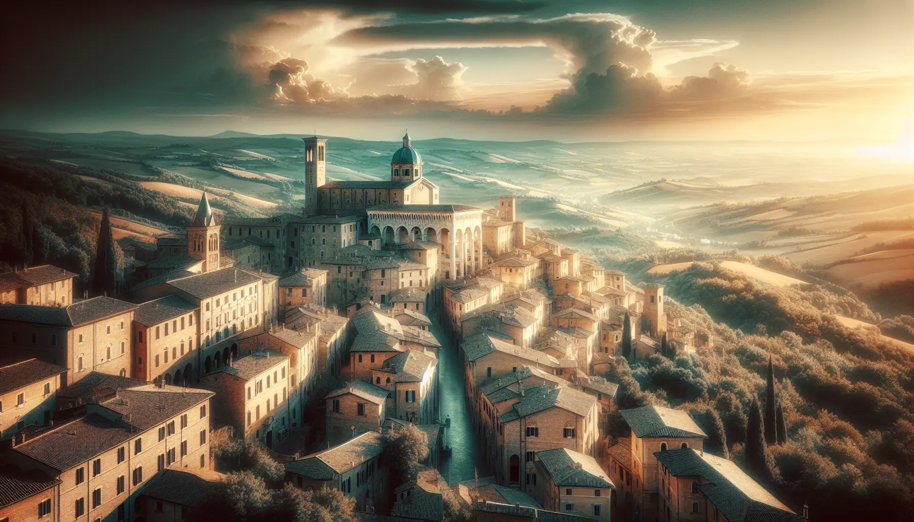 Panorama di Recanati con vista sulla campagna marchigiana e la casa natale di Giacomo Leopardi.