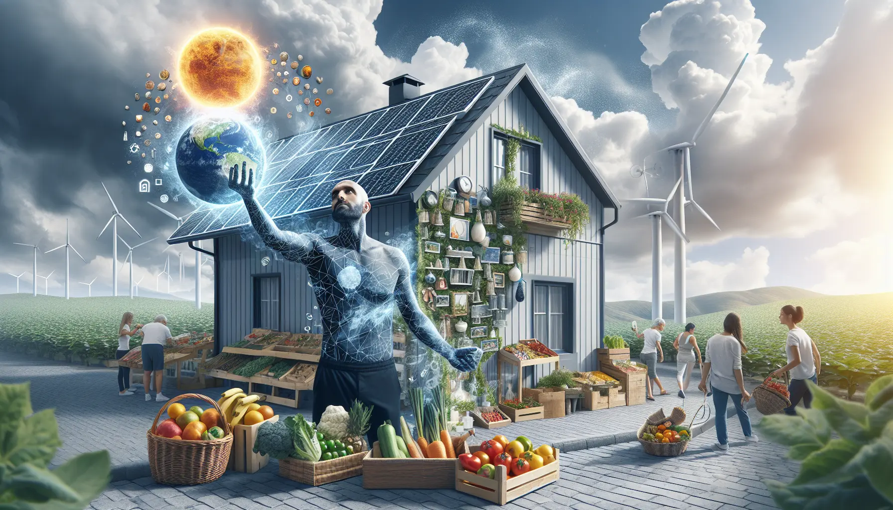 Un paesaggio urbano con pannelli solari e turbine eoliche, simbolo di energie rinnovabili e sostenibilità ambientale.