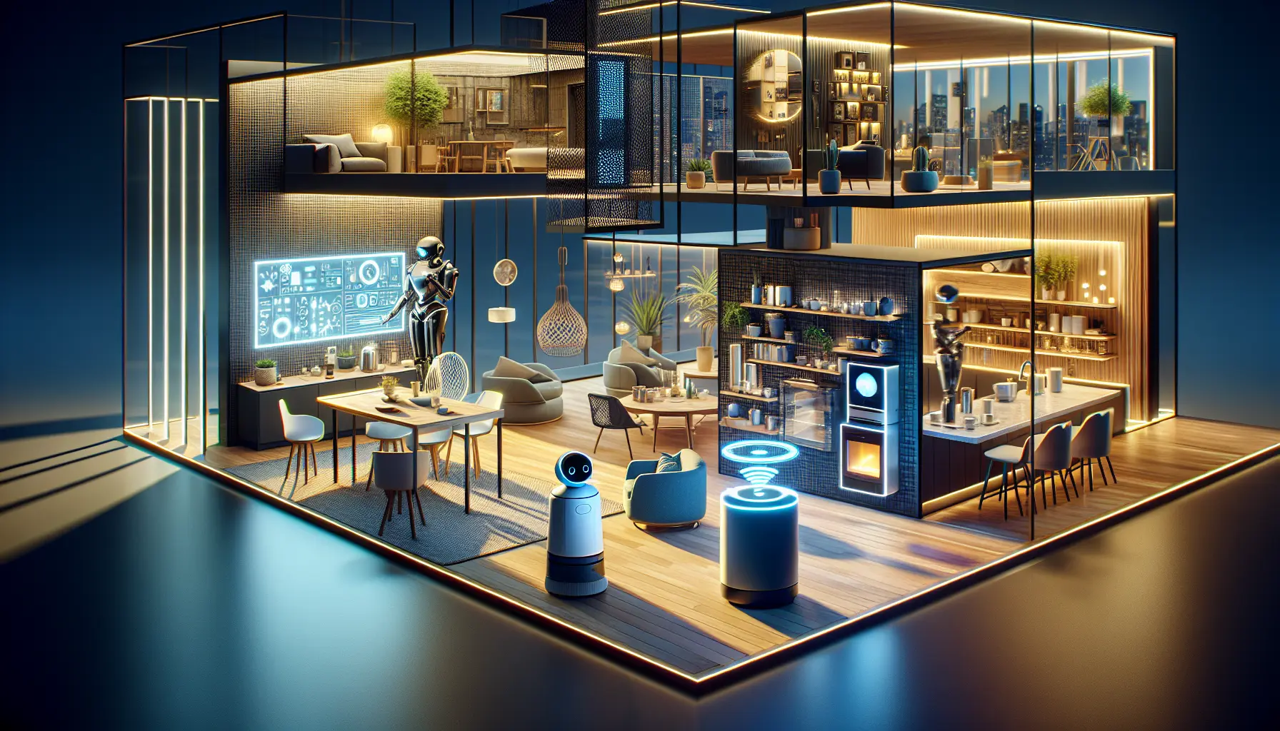 Un robot aspirapolvere in azione mentre pulisce un soggiorno moderno