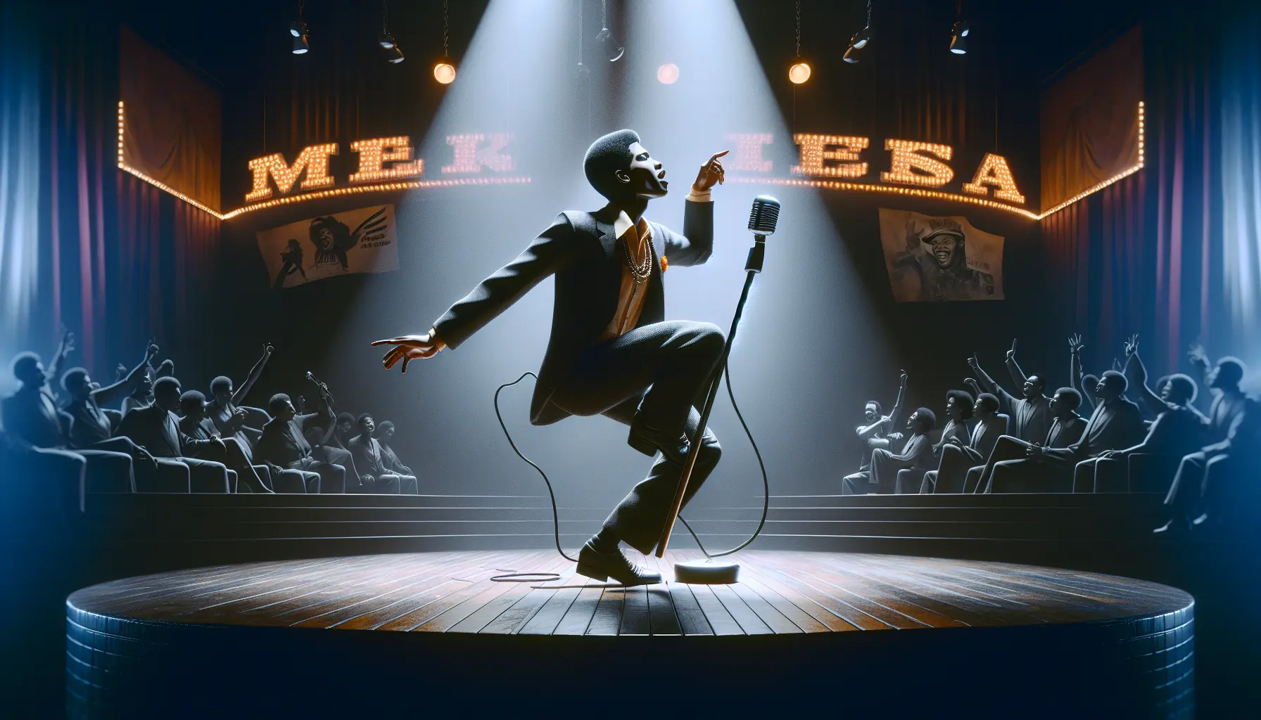 Sammy Davis Jr. mentre si esibisce sul palco, circondato da luci e pubblico entusiasta.