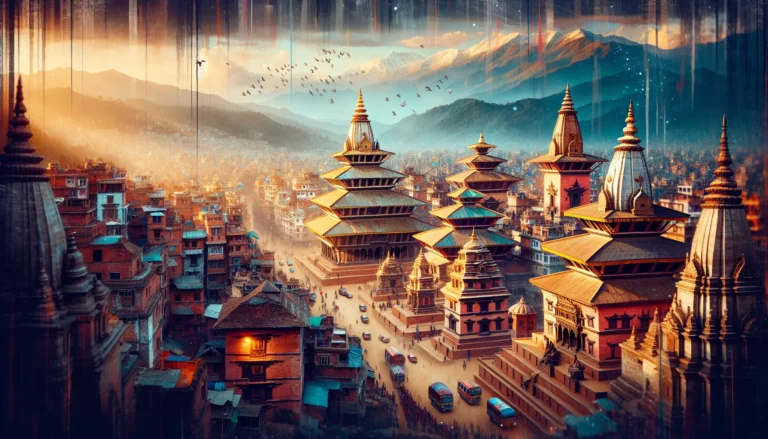 Vista panoramica di Kathmandu con templi e montagne sullo sfondo.