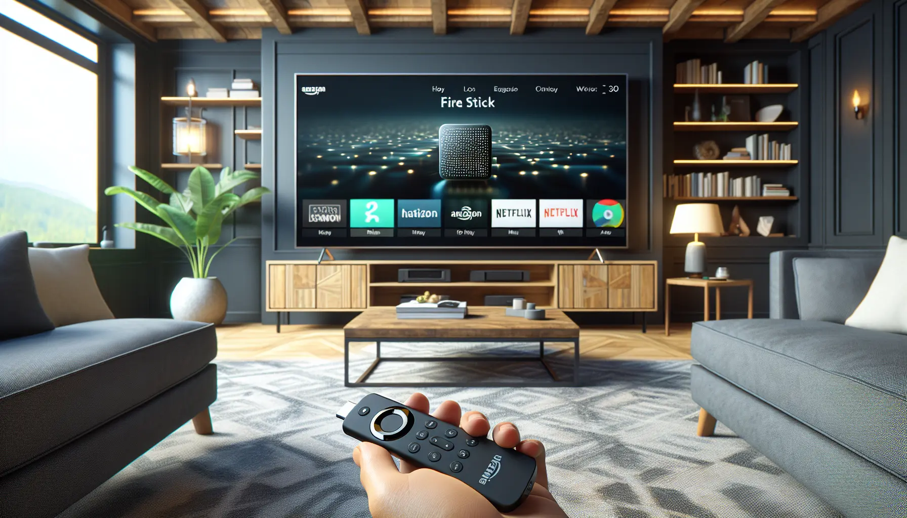 Un Amazon Fire Stick collegato a una TV, mostrando l'interfaccia di streaming.