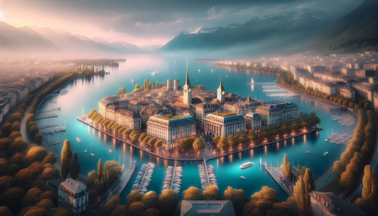Vista panoramica del Lago di Ginevra con il Jet d'Eau in lontananza, circondato da montagne e una città vivace.