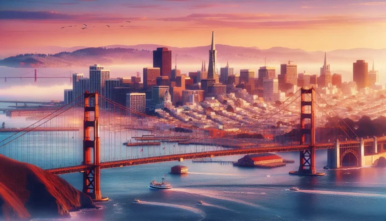 Panorama del Golden Gate Bridge con il cielo blu e le colline verdi sullo sfondo