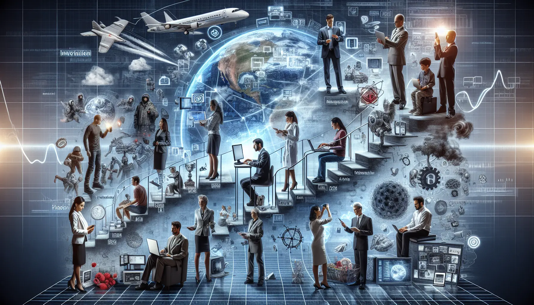 Un collage di immagini che rappresentano il World Wide Web, inclusi computer, simboli di rete e persone che comunicano online.