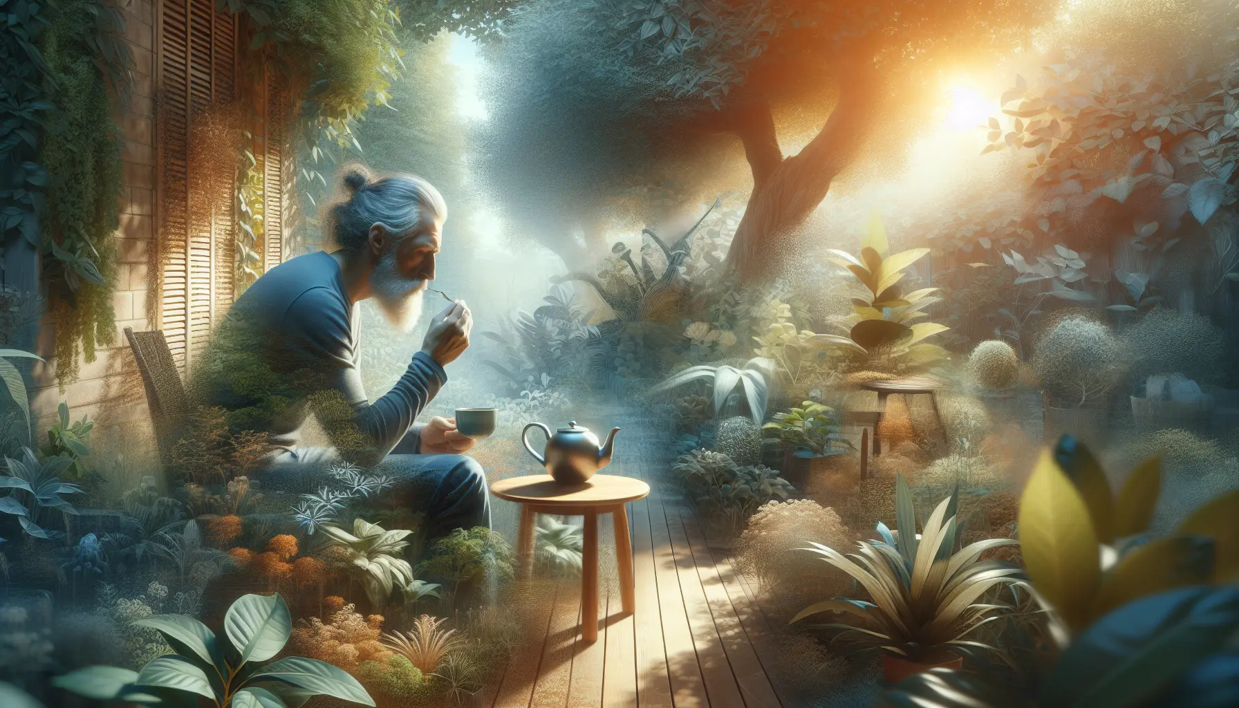 Un paesaggio tranquillo con una persona che medita in un ambiente naturale, rappresentante il concetto di slow living.