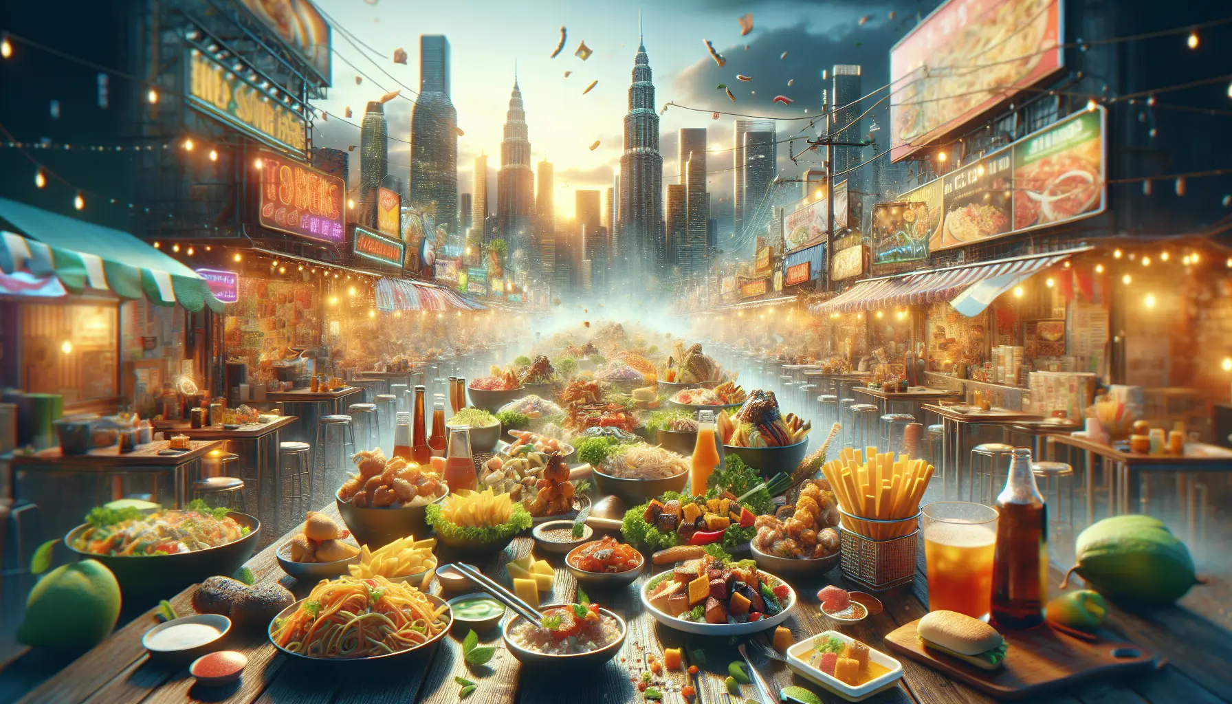 Un piatto di street food fusion con tacos sushi e banh mi burger, rappresentando la fusione di diverse culture culinarie.