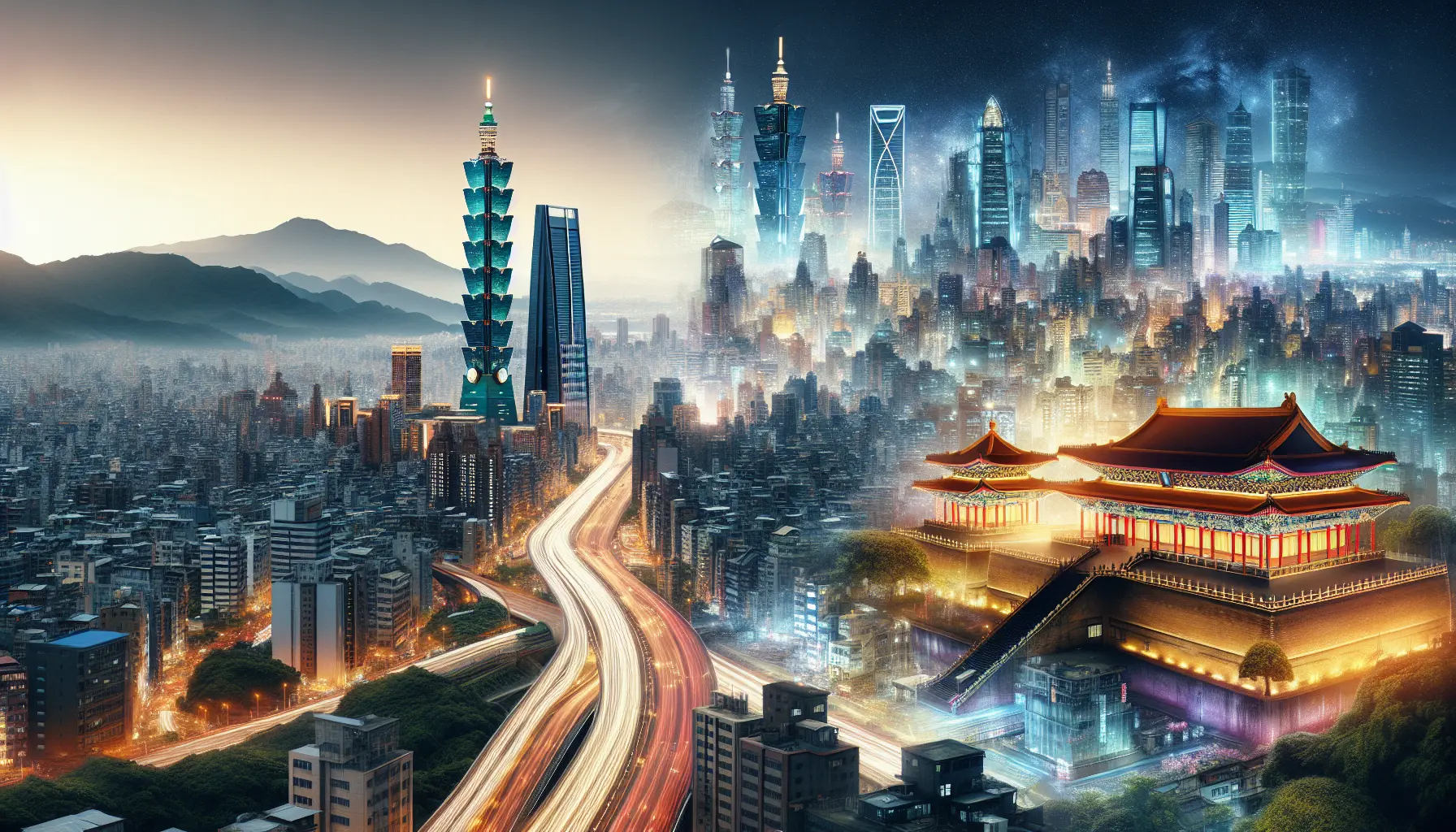 Panorama di Taiwan che mostra un mix di modernità e tradizione, con grattacieli e templi storici.