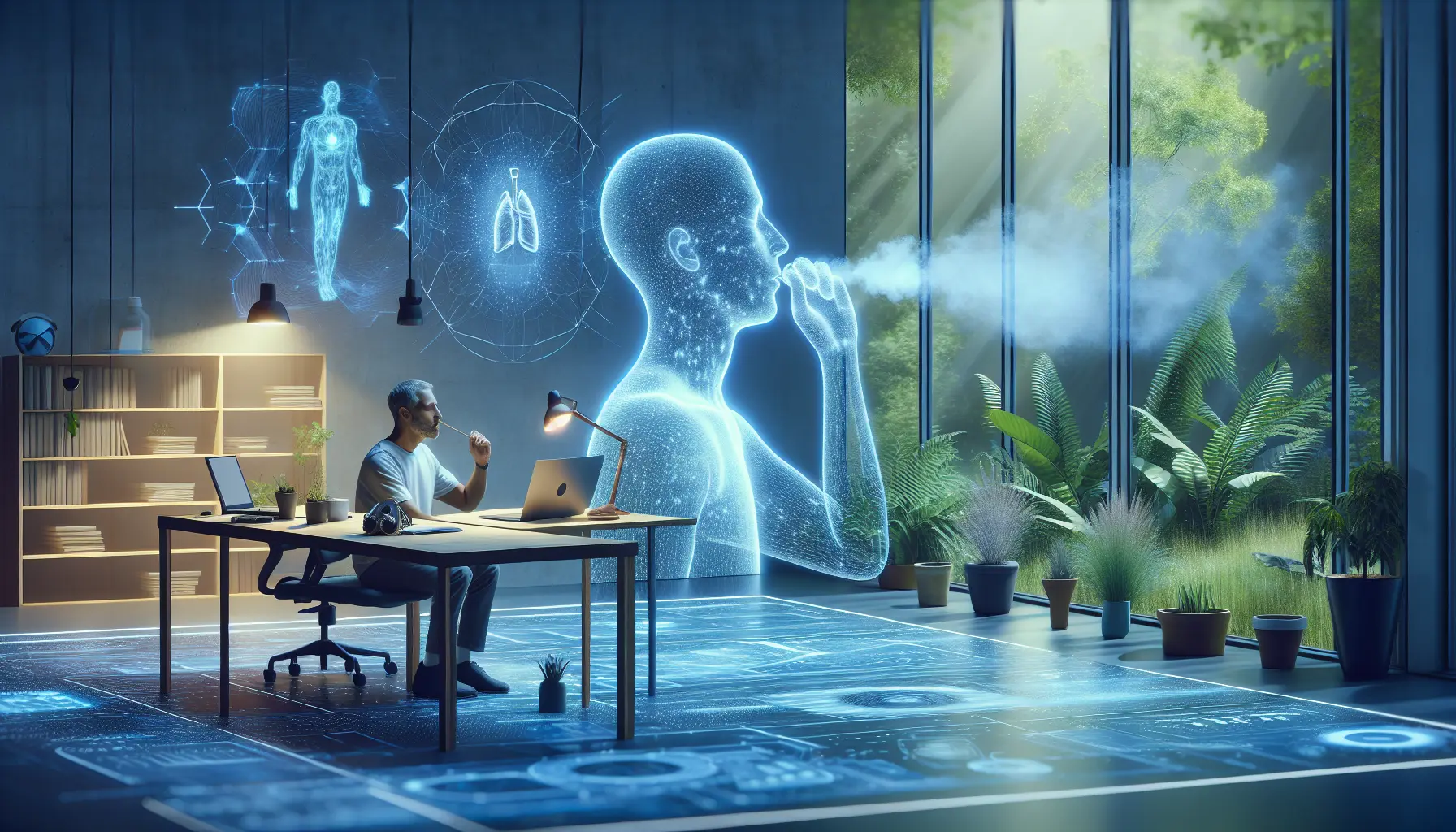 Una persona che pratica tecniche di respirazione in un ambiente naturale e tranquillo.