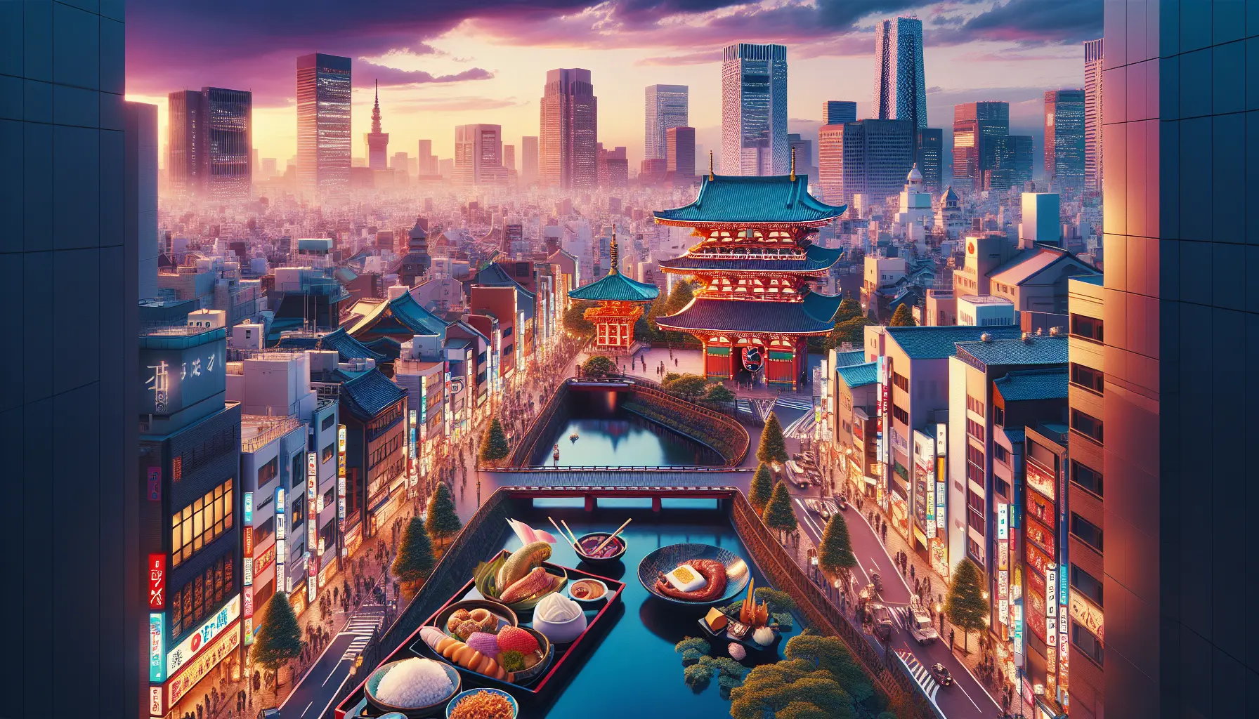 Vista panoramica di Tokyo con grattacieli e templi storici