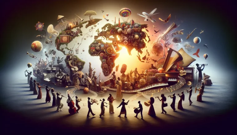 Un gruppo di musicisti di diverse culture che suona insieme, simboleggiando l'unità attraverso la musica.