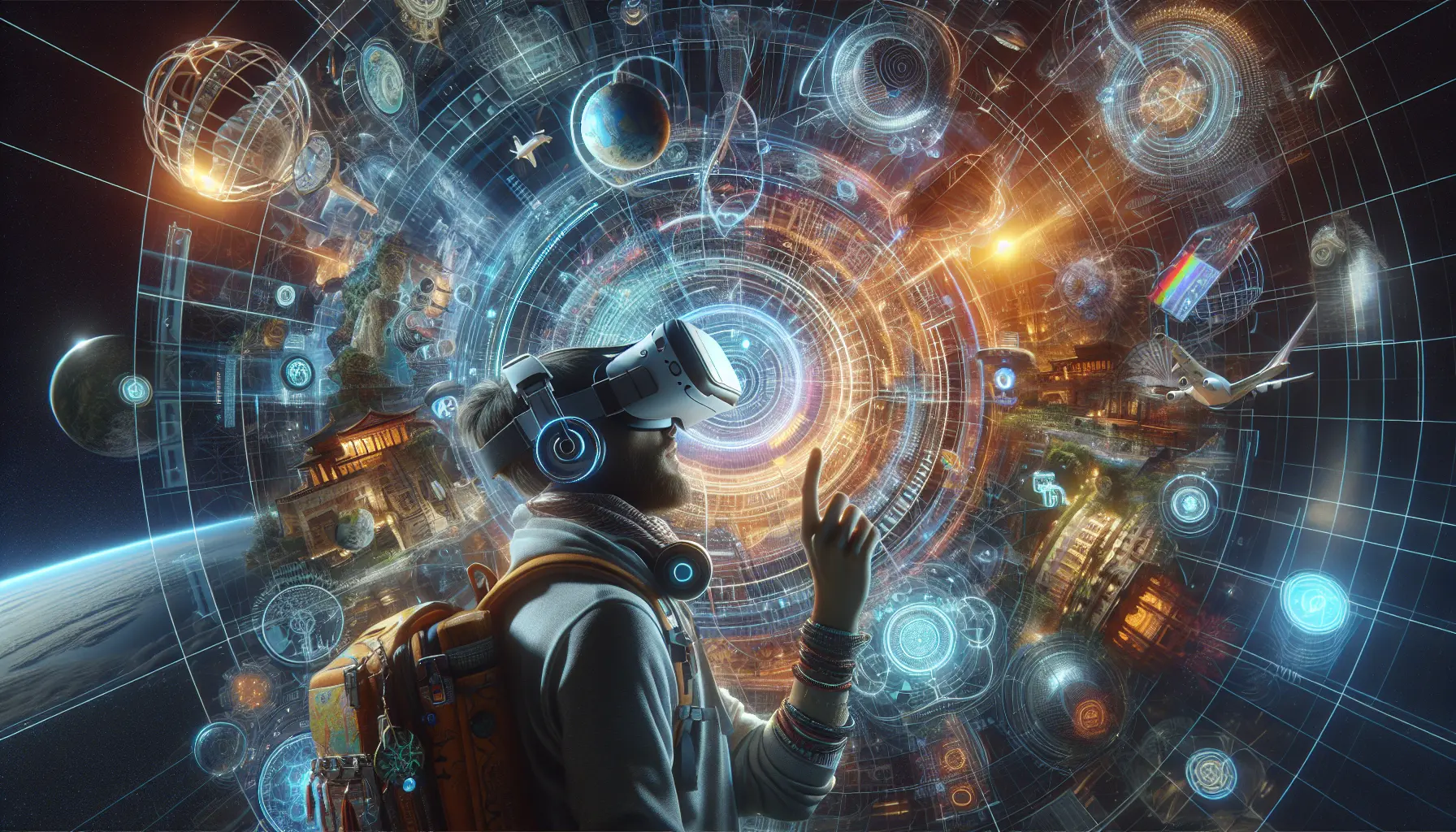 Un viaggiatore che esplora un museo attraverso la realtà virtuale, circondato da opere d'arte e cultura.