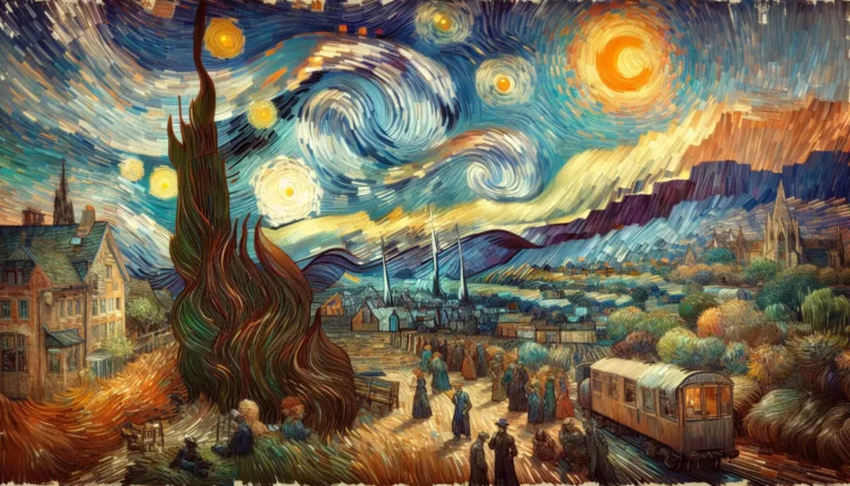 Ritratto di Vincent van Gogh con pennelli e colori, immerso nella sua arte vibrante e colorata.