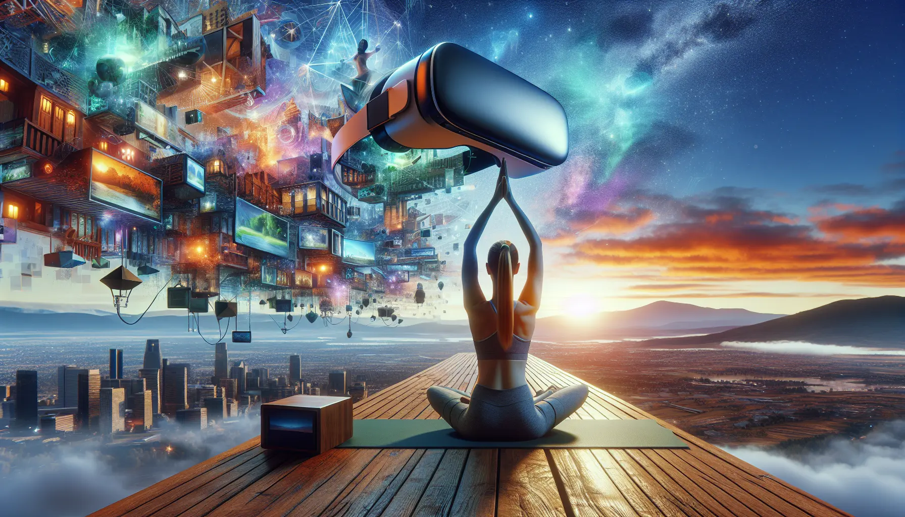 Una persona che pratica yoga in un ambiente virtuale immersivo, circondata da paesaggi naturali e rilassanti.