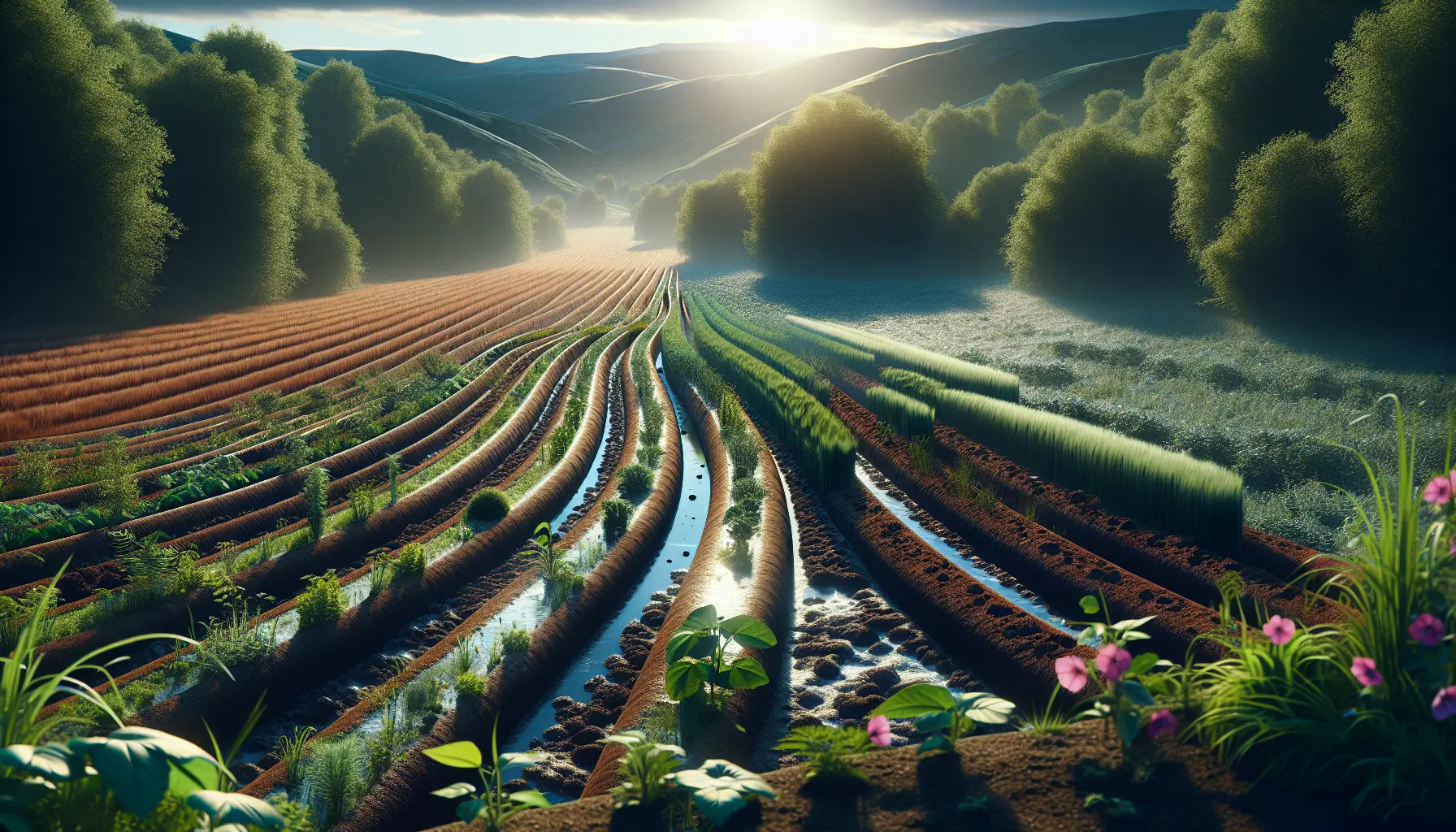 Coltivazione sostenibile in un campo rigenerativo con diverse colture e piante di copertura.