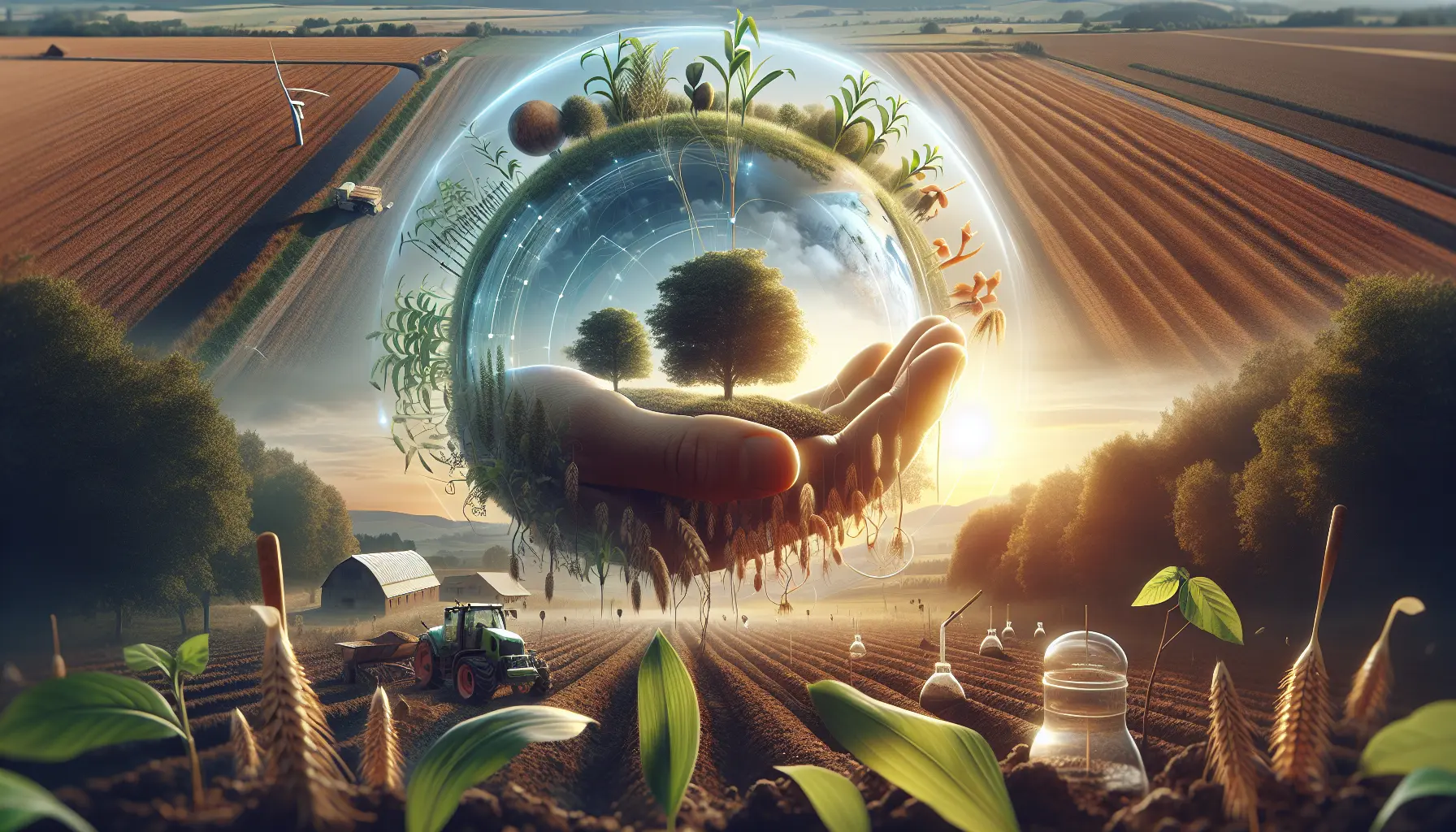 Campo di coltivazione rigenerativa con piante verdi e un cielo blu, rappresentante pratiche agricole sostenibili.